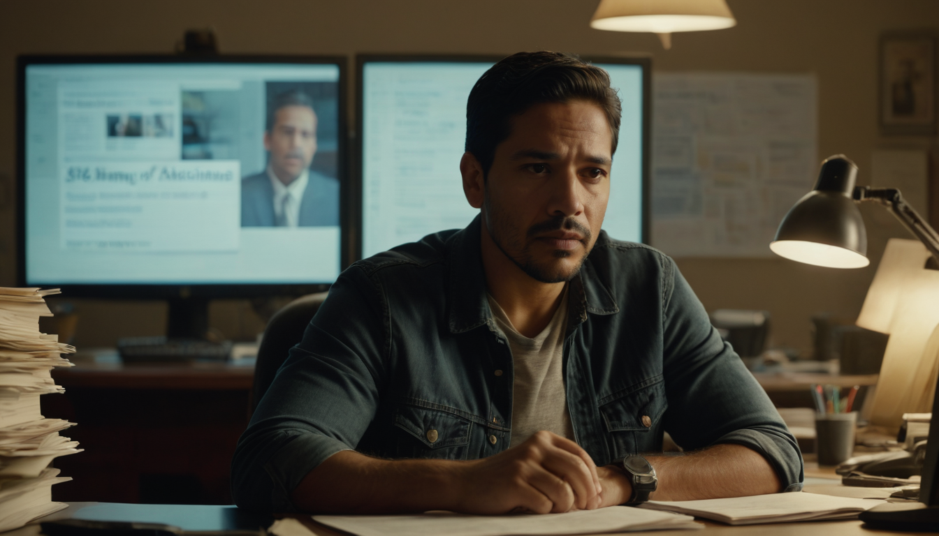 Man sitting at a desk cluttered with papers in a dimly lit office, looking thoughtful, with a computer screen displaying 341 meeting questions in the background.
