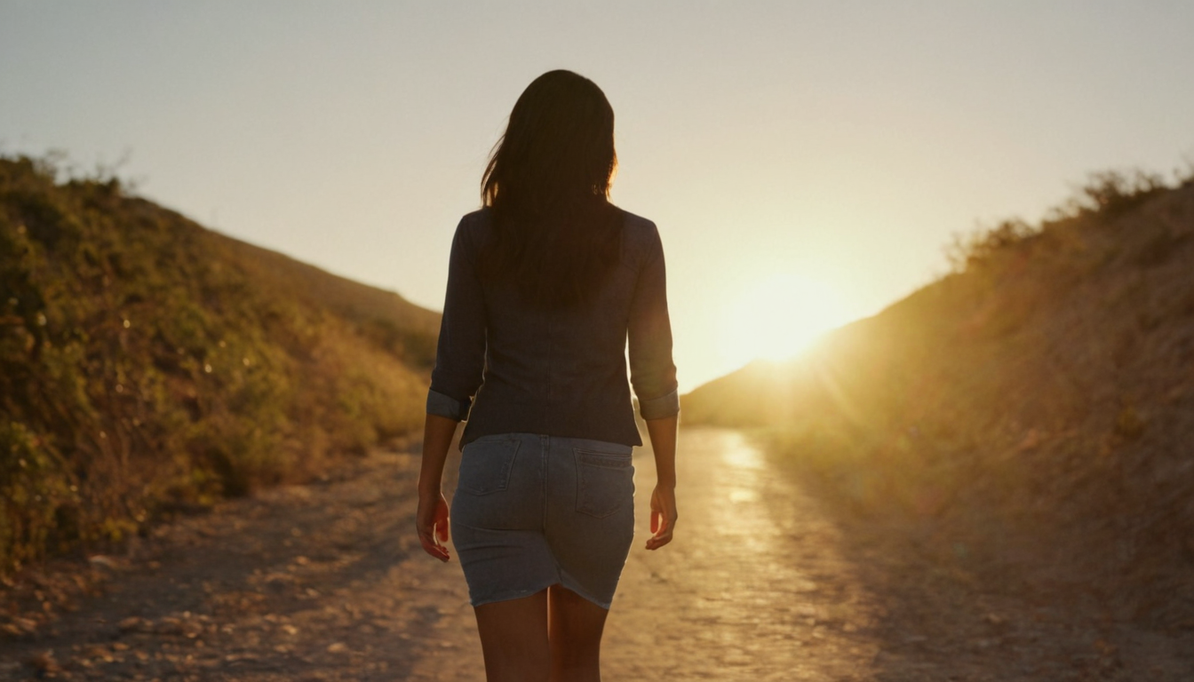 A woman in a denim skirt walks alone on a dirt path towards the setting sun, contemplating her next steps in the proceso de bancarrota, with hills on either side.