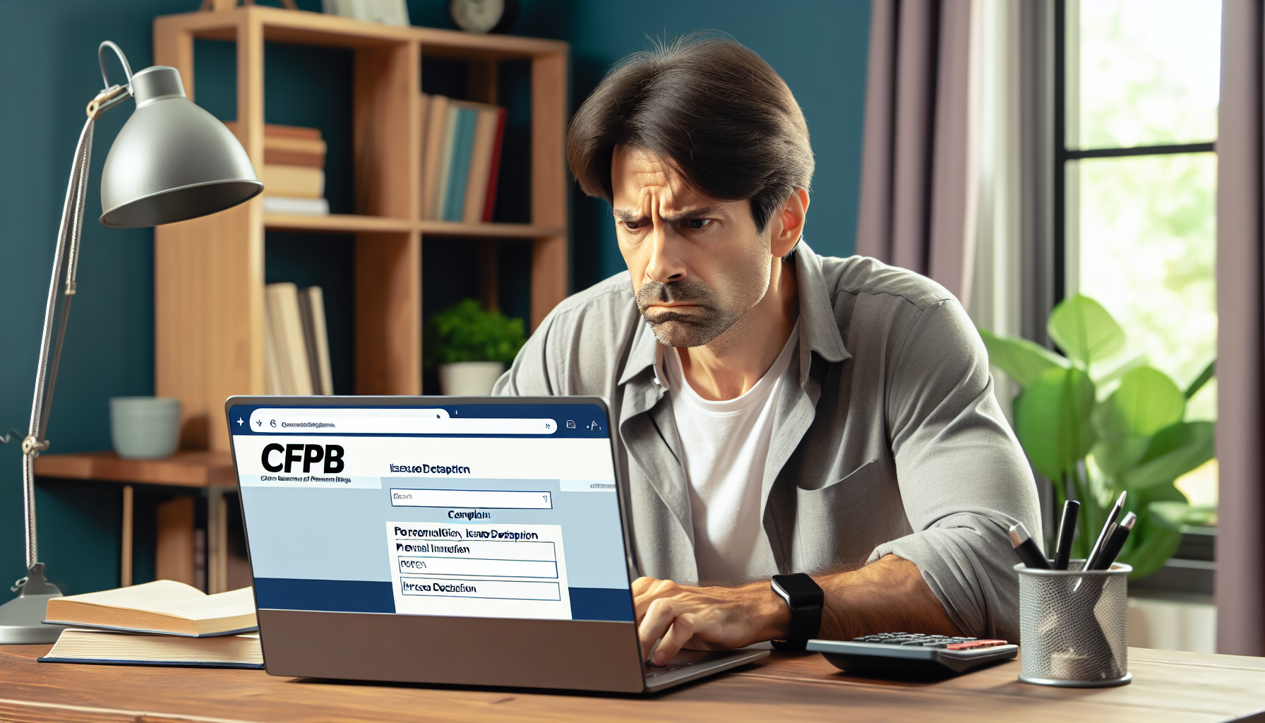 Un hombre se sienta en un escritorio y luce preocupado mientras usa una computadora portátil que muestra una página del sitio web de CFPB titulada "Informes de violación de datos". El escritorio tiene una lámpara, libros y una calculadora.