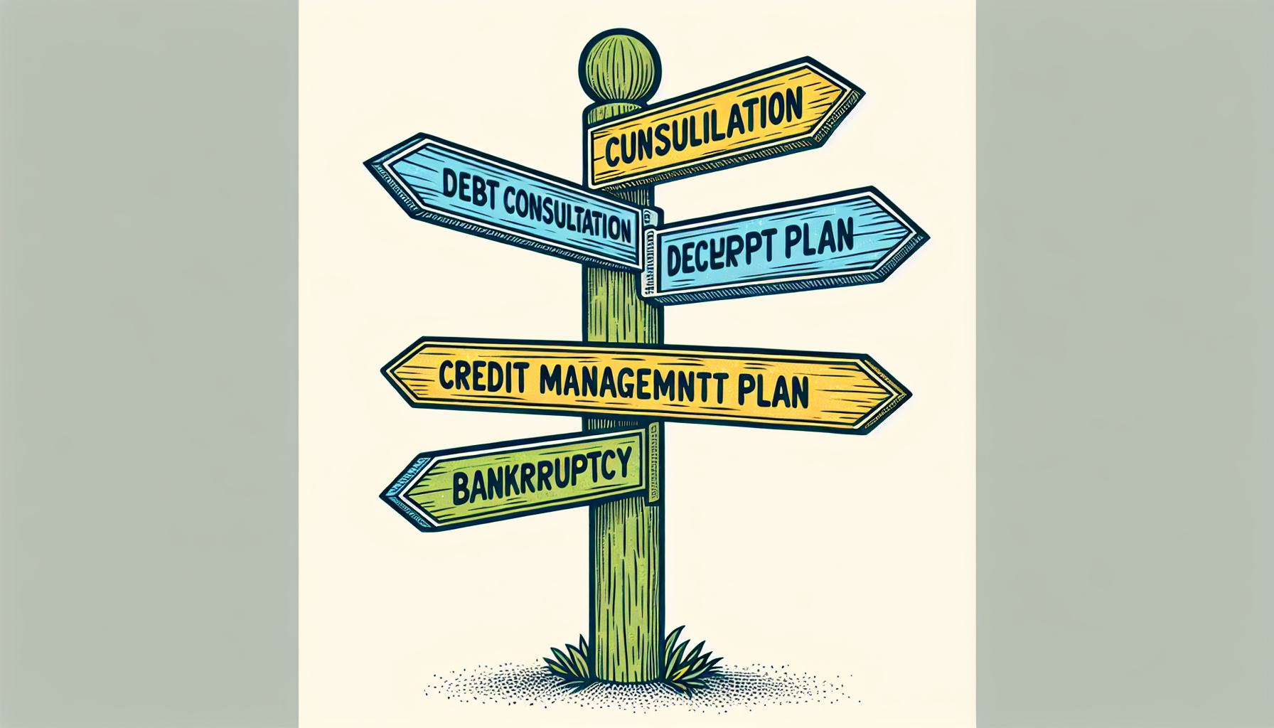A wooden signpost with five directional arrows labeled "Cunsullation," "Debt Consulation," "Decrypt Plan," "Credit Managemntt Plan," and "Bankrucptcy," each in different colors, subtly hints at the cons of Chapter 7 bankruptcy.