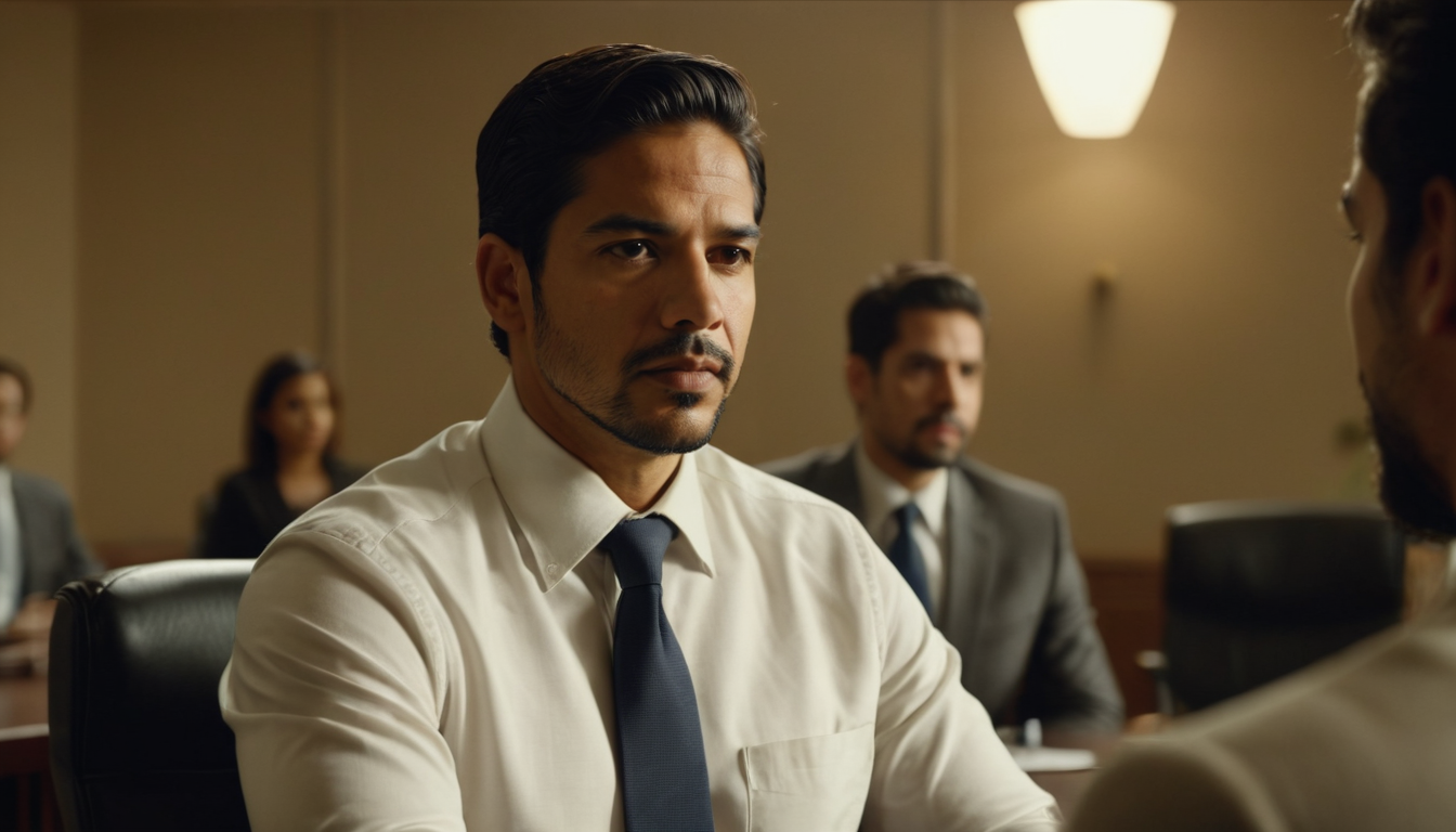 Serious-looking man in a white shirt engages in questions at a bankruptcy meeting in a conference room with colleagues in the background.