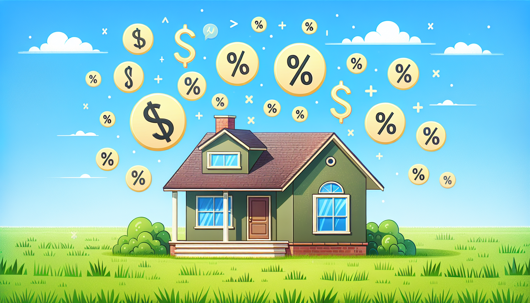 Illustration of a house on a grassy field with various dollar and percentage symbols floating around, representing financial considerations in home ownership, such as NYC real estate taxes.