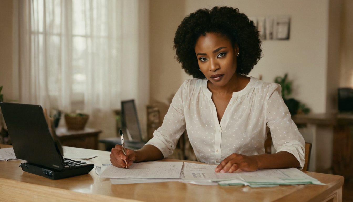 A woman with curly hair sits at a desk, deeply engaged in financial negotiation, writing on papers with a pen next to an open laptop in a well-lit room.
