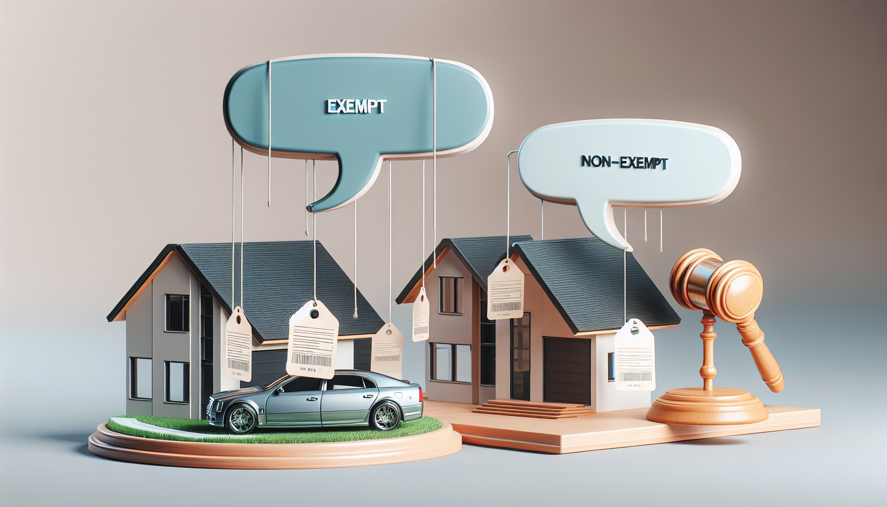 A diorama showing two houses and a car with speech bubbles labeled "Exempt" and "Non-Exempt." A gavel is placed next to the "Non-Exempt" house, hinting at Chapter 7 bankruptcy risks and legal or tax implications.