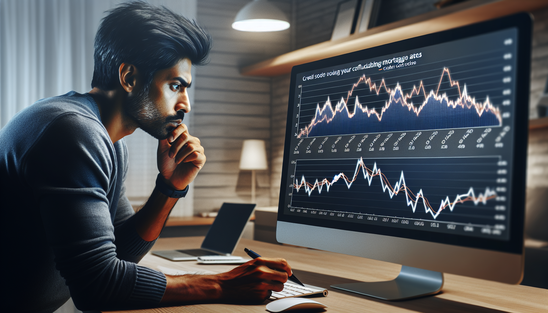 In a dimly lit office space, a person is analyzing graphs on a computer screen and taking notes on a piece of paper, exploring qualifying for a home loan after bankruptcy.
