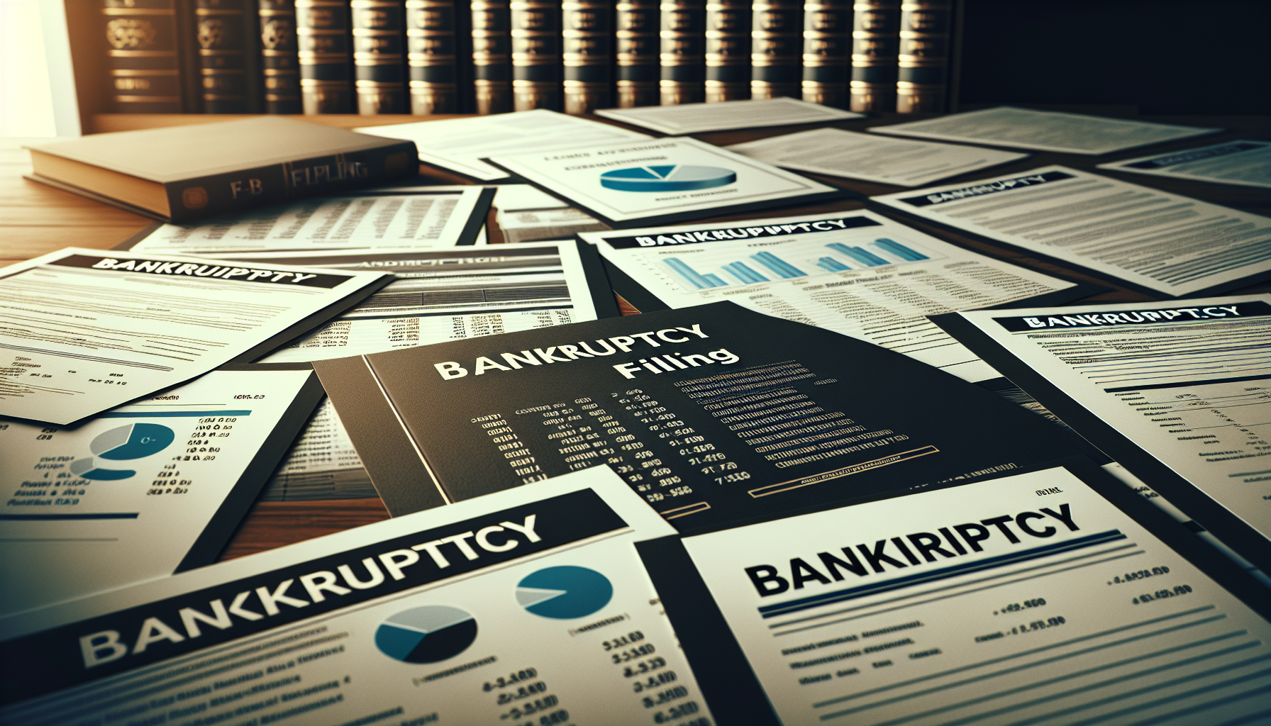 A cluttered desk with various bankruptcy filing documents, charts, and financial reports. A closed book and shelves with folders and legal texts are in the background, alongside notes on United Collection Bureau services.