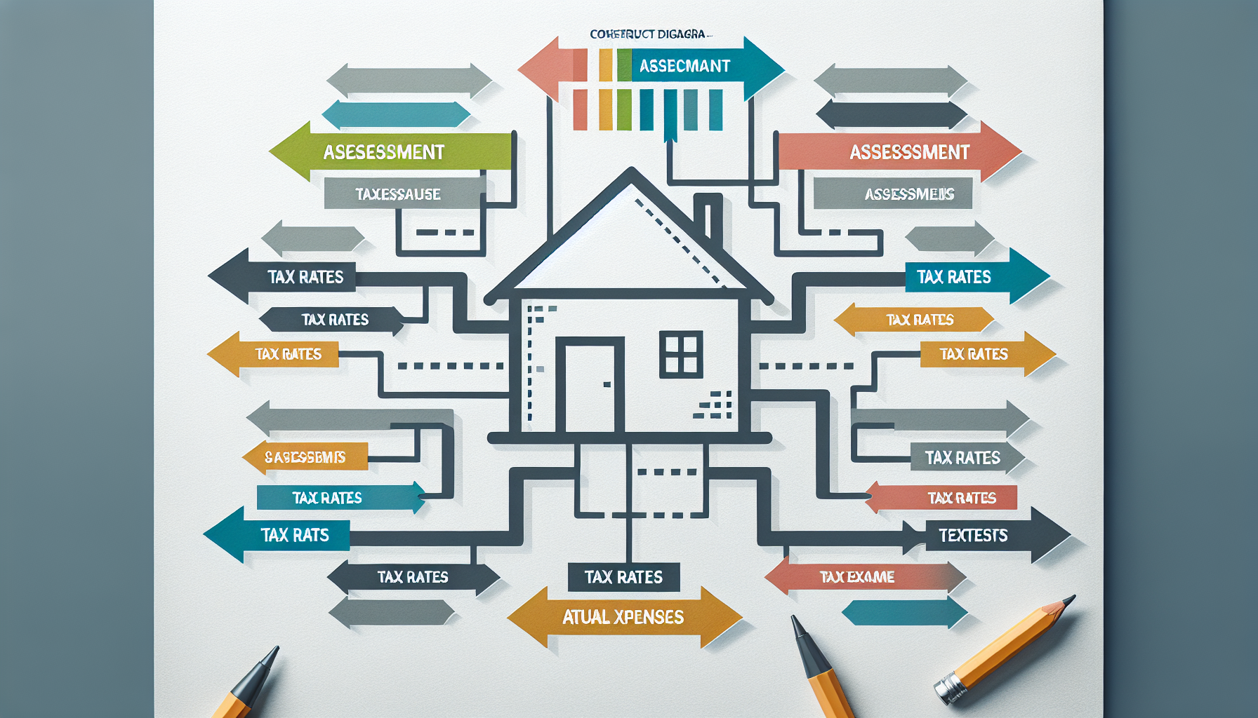 A diagram depicting various elements of New York City property tax assessments, centered around a house icon, with arrows pointing to text labels such as "assessment," "tax rates," and "actual expenses.