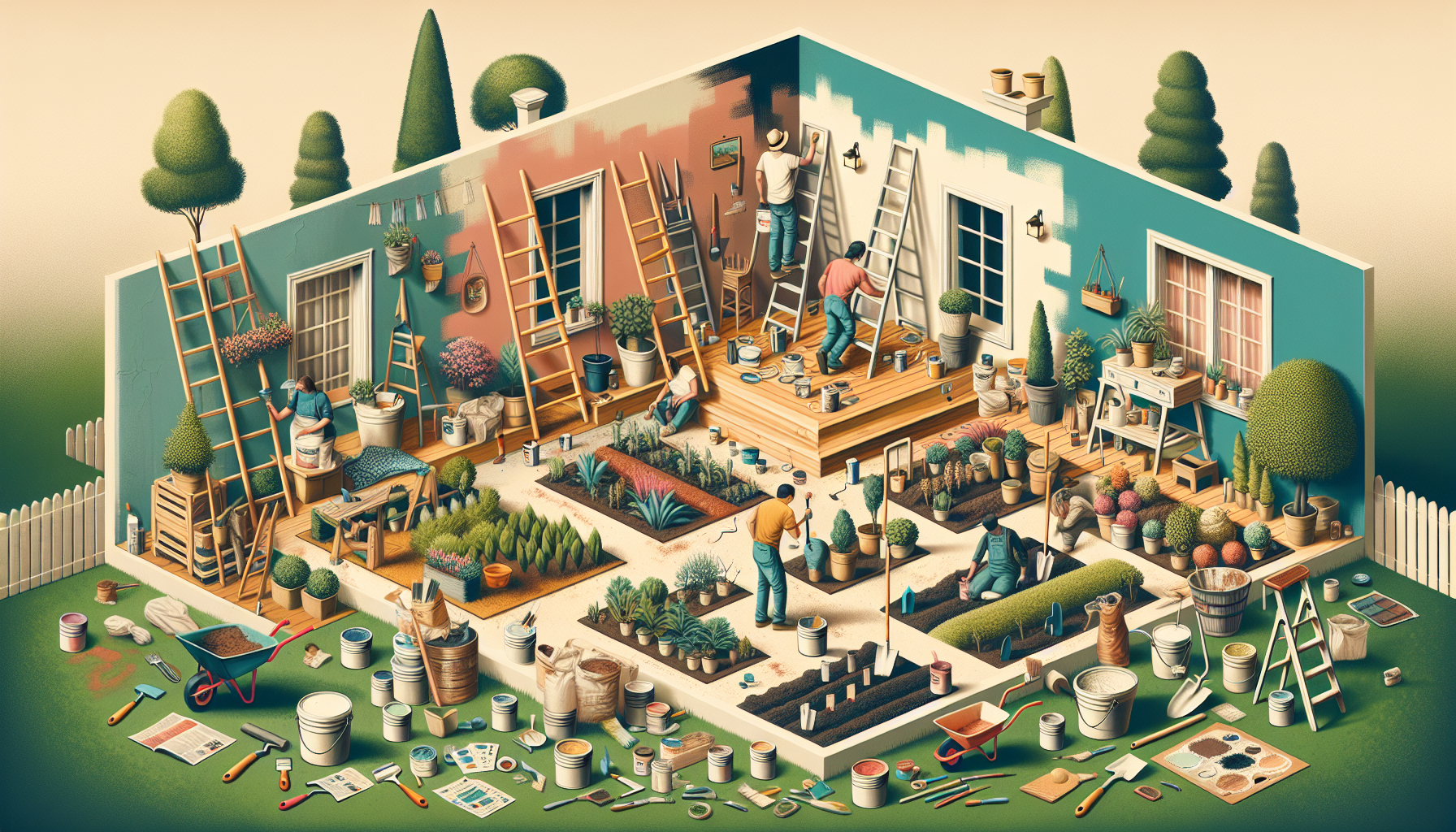 Illustration of people working on home renovations and gardening in a two-sided front yard and backyard. Tools, plants, and ladders are scattered around, with activities including painting and planting—perfect for those rebuilding credit for a mortgage after bankruptcy.