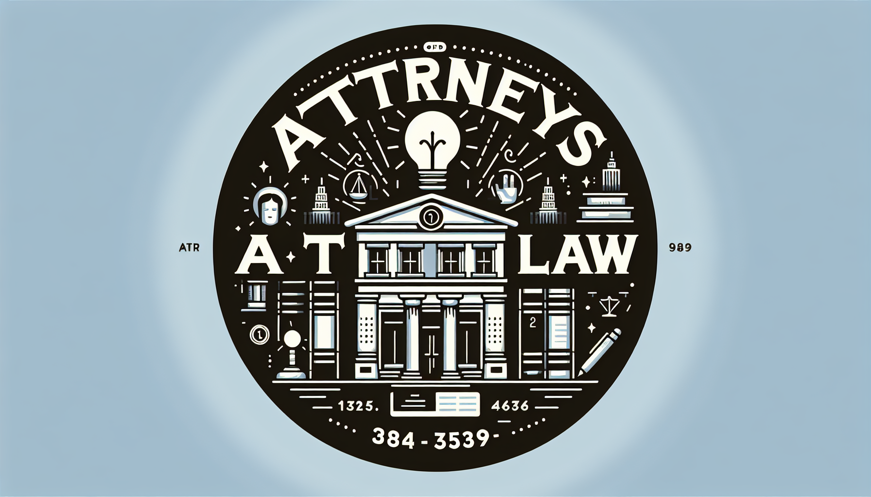 Circular logo featuring the phrase “Attorneys at Law” surrounding a courthouse illustration with various legal symbols, including a light bulb, scales of justice, books, and a gavel. Ideal for an enterprise recovery systems firm or Debt Collection Agency. Contact number included.