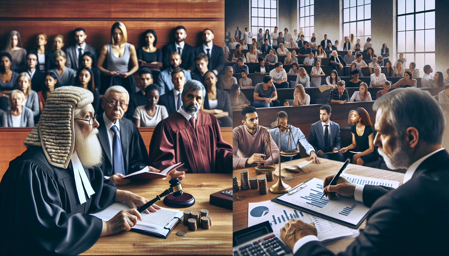 Side-by-side scene showing a courtroom with a judge, lawyers, and jury on the left, and a business meeting with a man analyzing charts on home loan approval post-bankruptcy in front of an audience on the right.