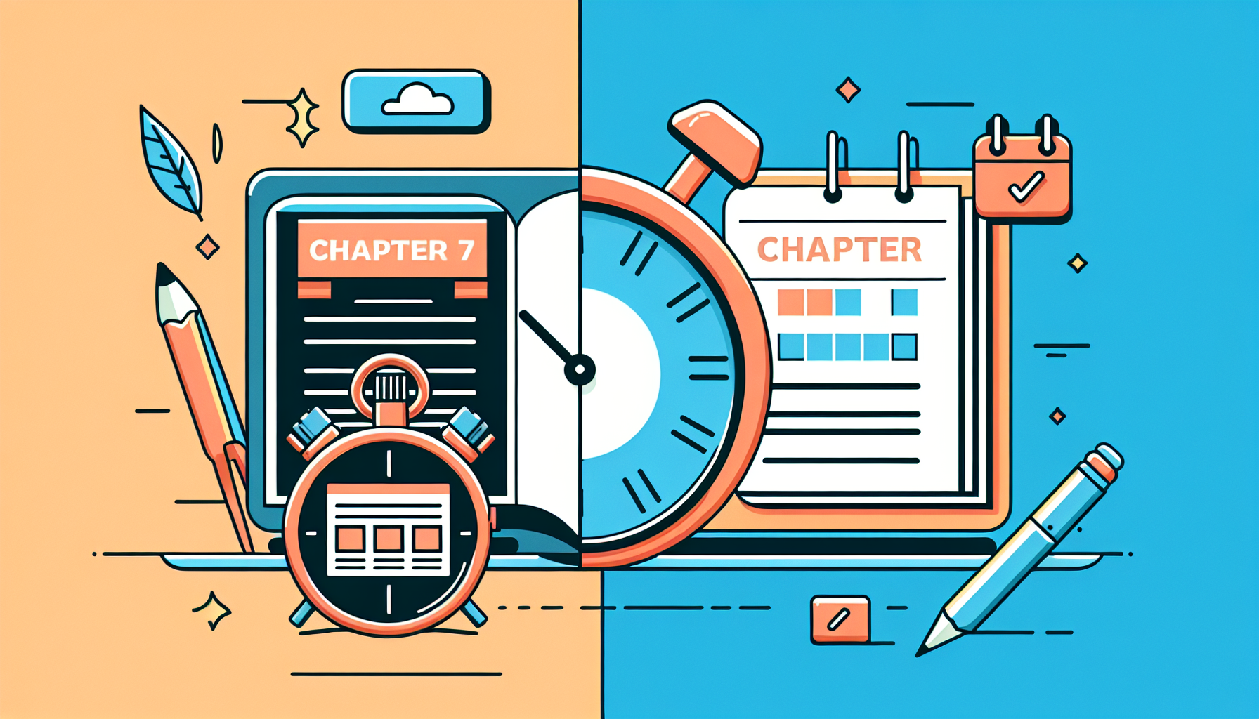Illustration split into two halves: one side shows reading materials highlighting Chapter 7 bankruptcy disadvantages with a stopwatch, the other features a clock and a clipboard with tasks. Items include a pencil, pen, calendar, and a folder.