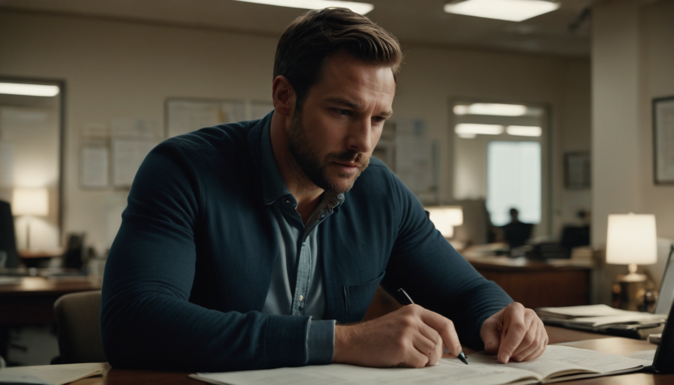 A focused man in a blue sweater sits at a desk writing notes on chapter 7 341 meeting questions in a busy office setting.