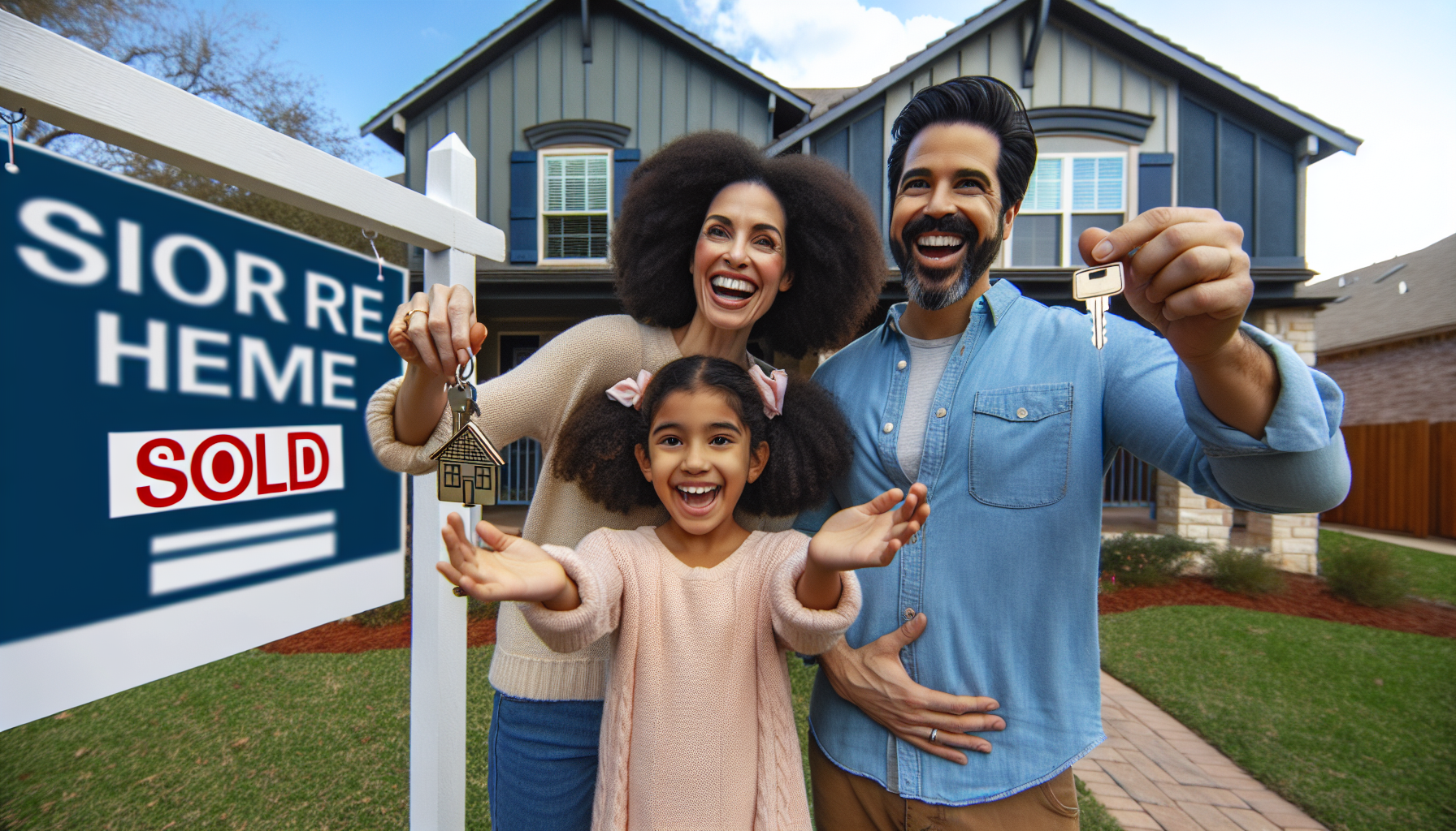 A family of three stands in front of a house holding keys and smiling, with a "Sold" sign on the real estate board in the foreground - a testament to successful post-bankruptcy homeownership.