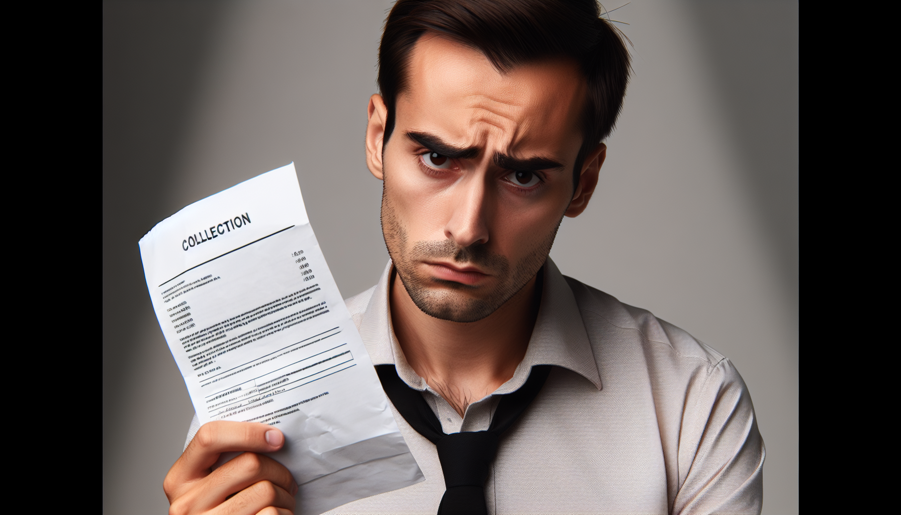 A man with a furrowed brow holds a collection notice from United Collection Bureau while wearing a white shirt and loosened black tie.