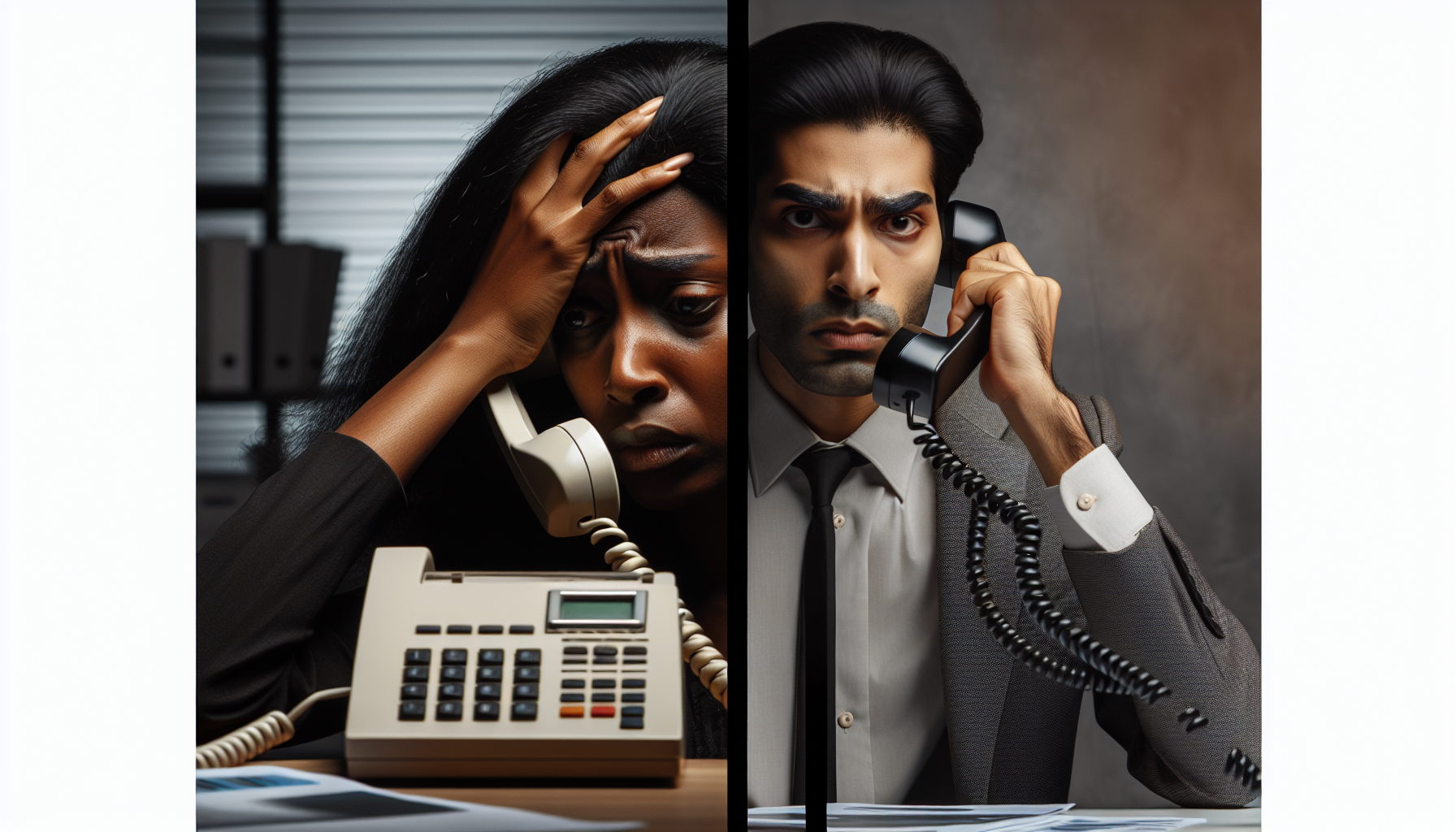 Two people on a phone call. The woman on the left looks stressed, holding her head with one hand. The man on the right appears serious, holding the phone to his ear. Both are in office settings, discussing financial services and enterprise recovery systems.