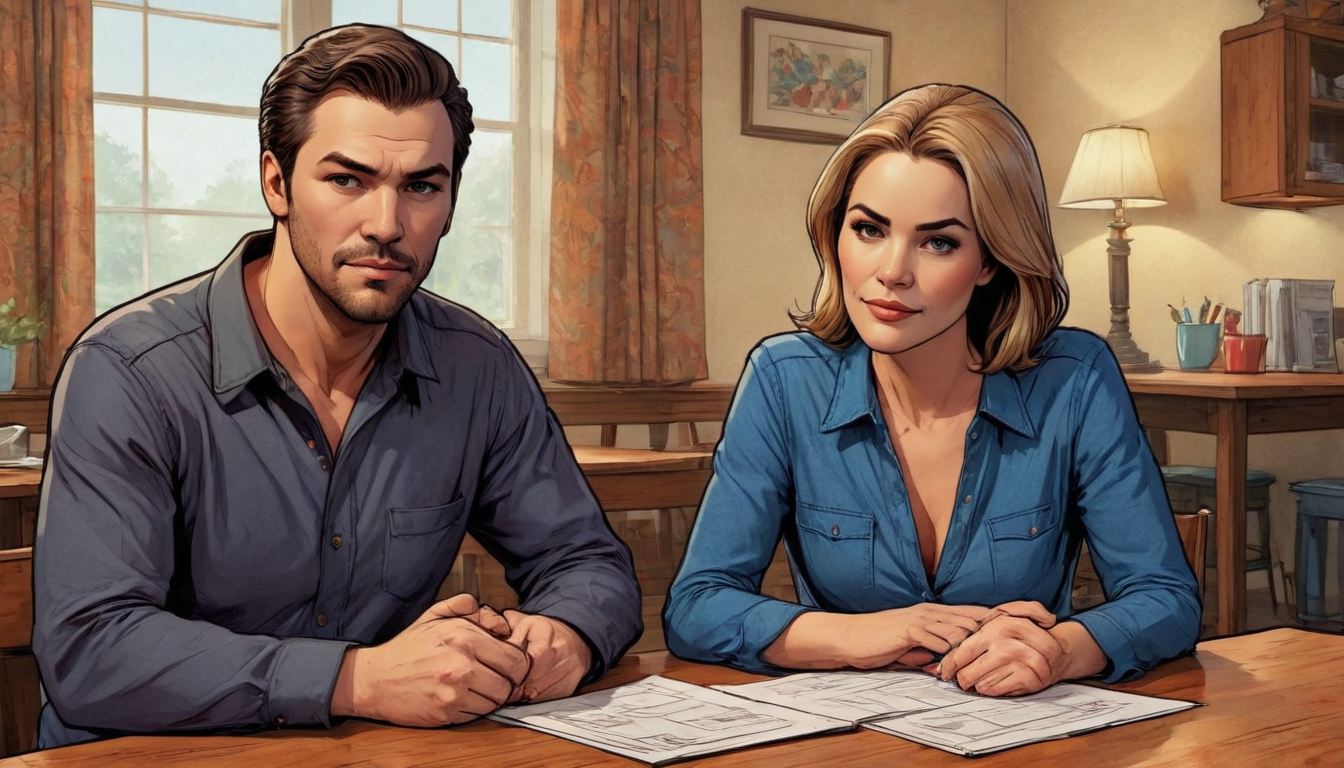 A man and a woman sit at a table with papers in front of them, likely discussing joint debt in bankruptcy. Both are wearing blue shirts. The room has a window with curtains, a lamp, and framed pictures on the wall.