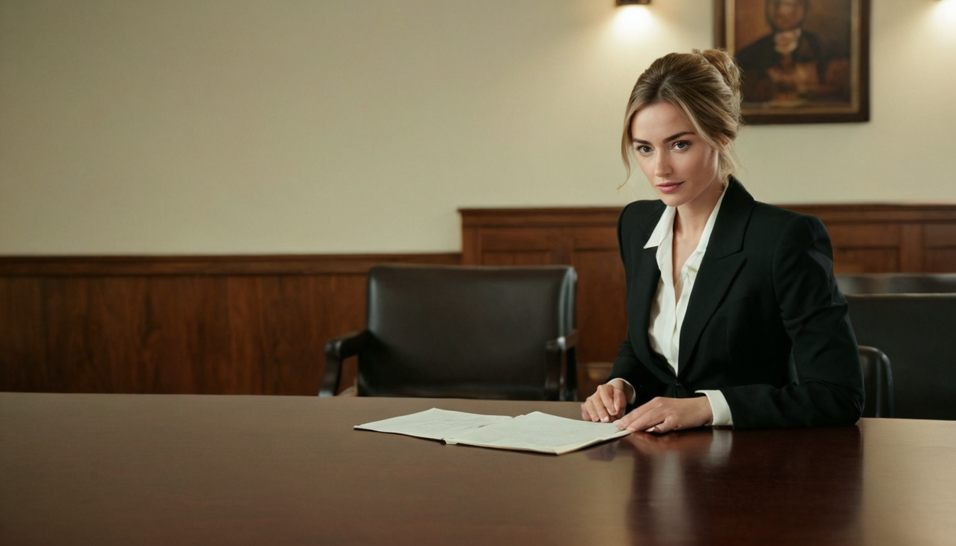 A woman in a black suit sits at a wooden table with an open notebook in front of her, appearing to be in a formal office or meeting room setting, perhaps reviewing Fair Debt Collection Practices as part of her work with radius global solutions.