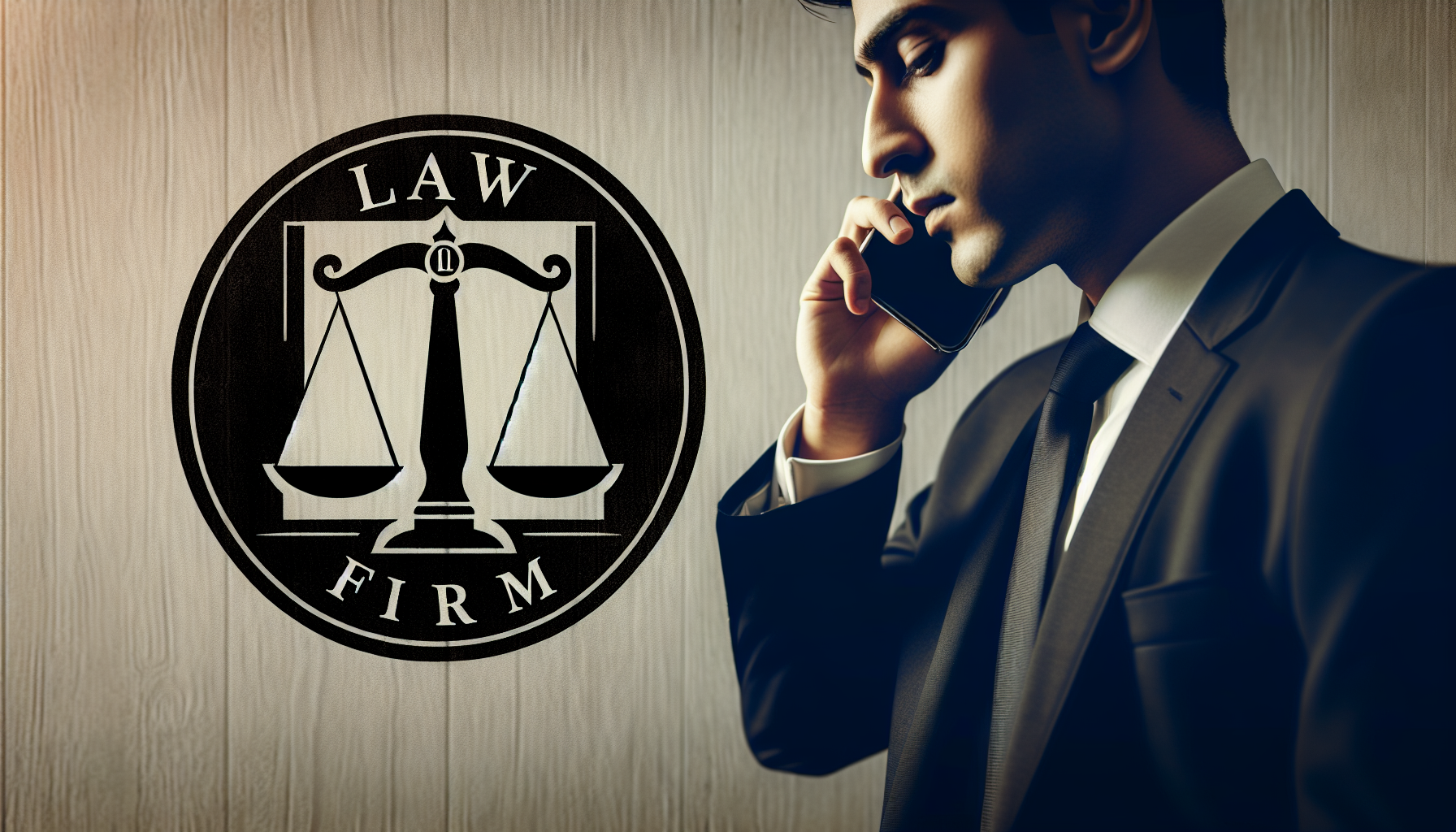 A man in a suit talks on a cellphone while standing next to a large law firm logo depicting scales of justice against a wooden background, discussing post-bankruptcy homeownership options.