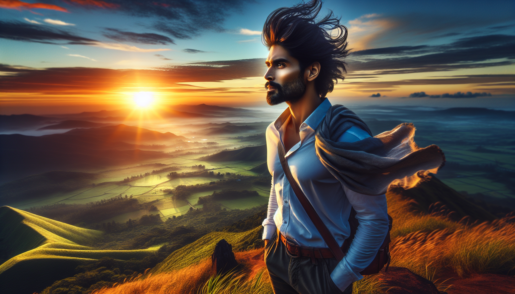 A man with windblown hair stands on a hill during sunset, overlooking a scenic valley with rolling hills and vibrant colors. He wears a light shirt, brown pants, and has a jacket draped over his shoulder, looking thoughtful as if contemplating the complexities of credit management.