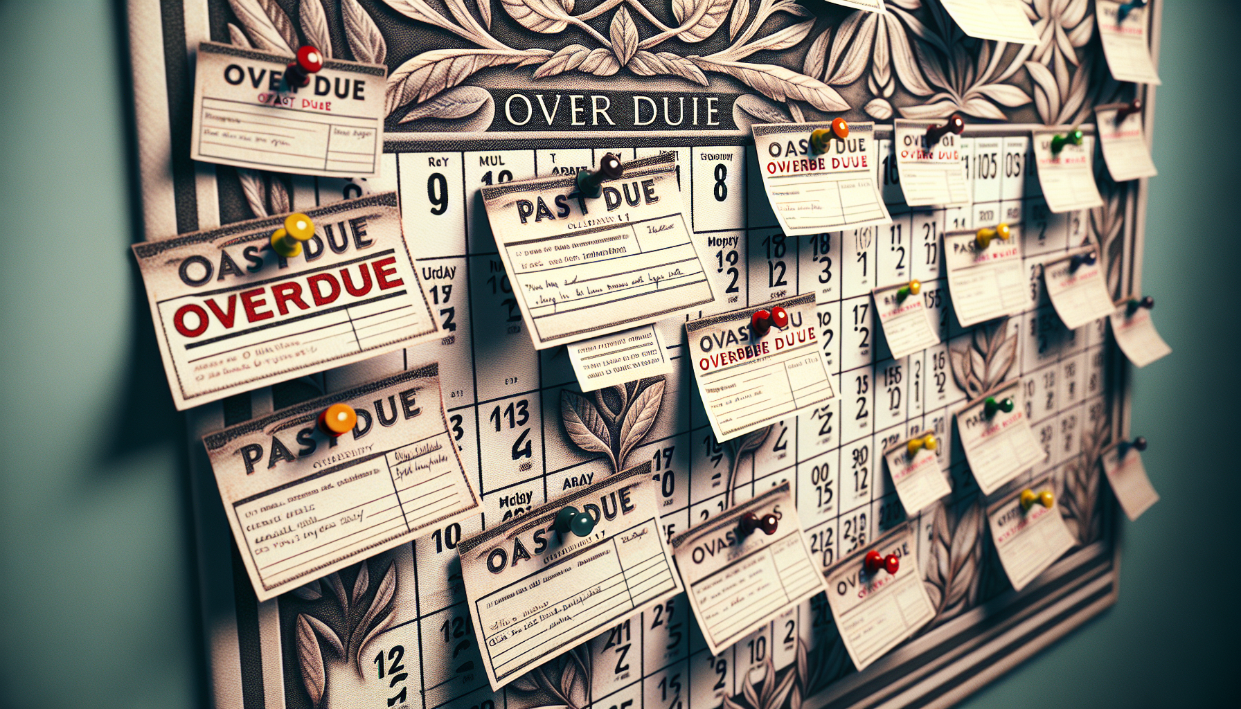 A cluttered multi-month calendar with numerous overdue notices pinned to it using push pins in various colors. The calendar itself, surrounded by intricate decorative borders, serves as a stark reminder of the importance of consumer rights when dealing with medical debt recovery.