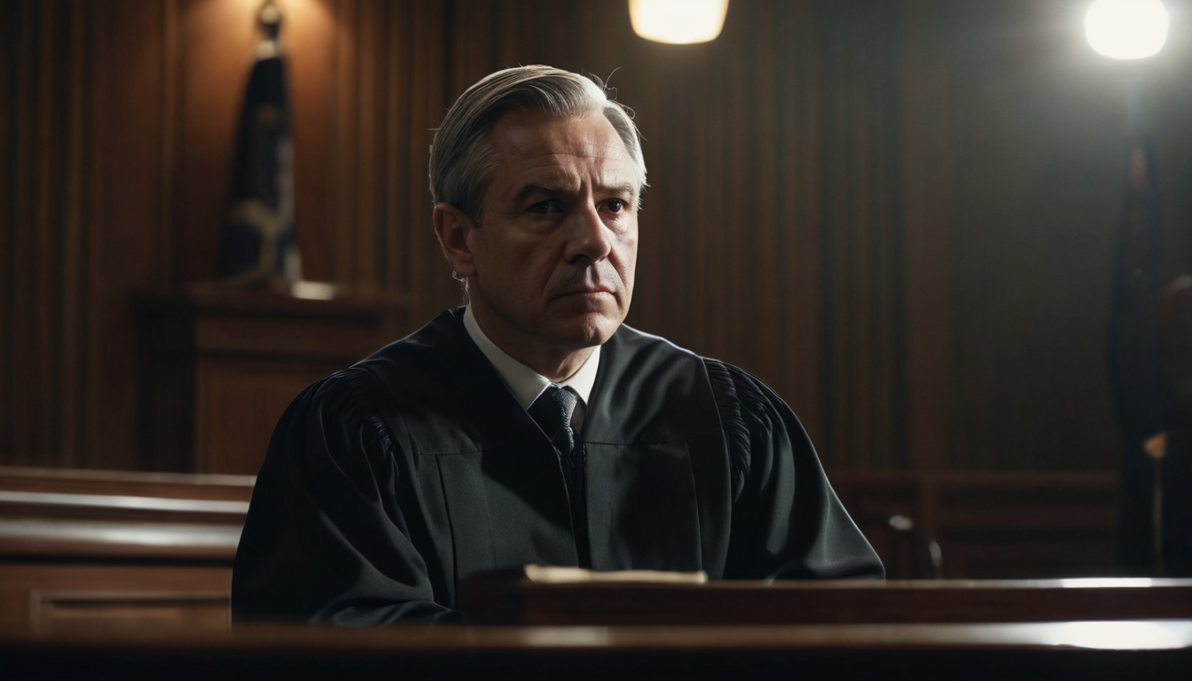 A judge in a black robe sits at the bench in a courtroom, looking forward intently. The background includes a flag and wood paneling. The atmosphere is tense as they prepare to rule on a complex financial negotiation case involving debt settlement overseen by Unifin.
