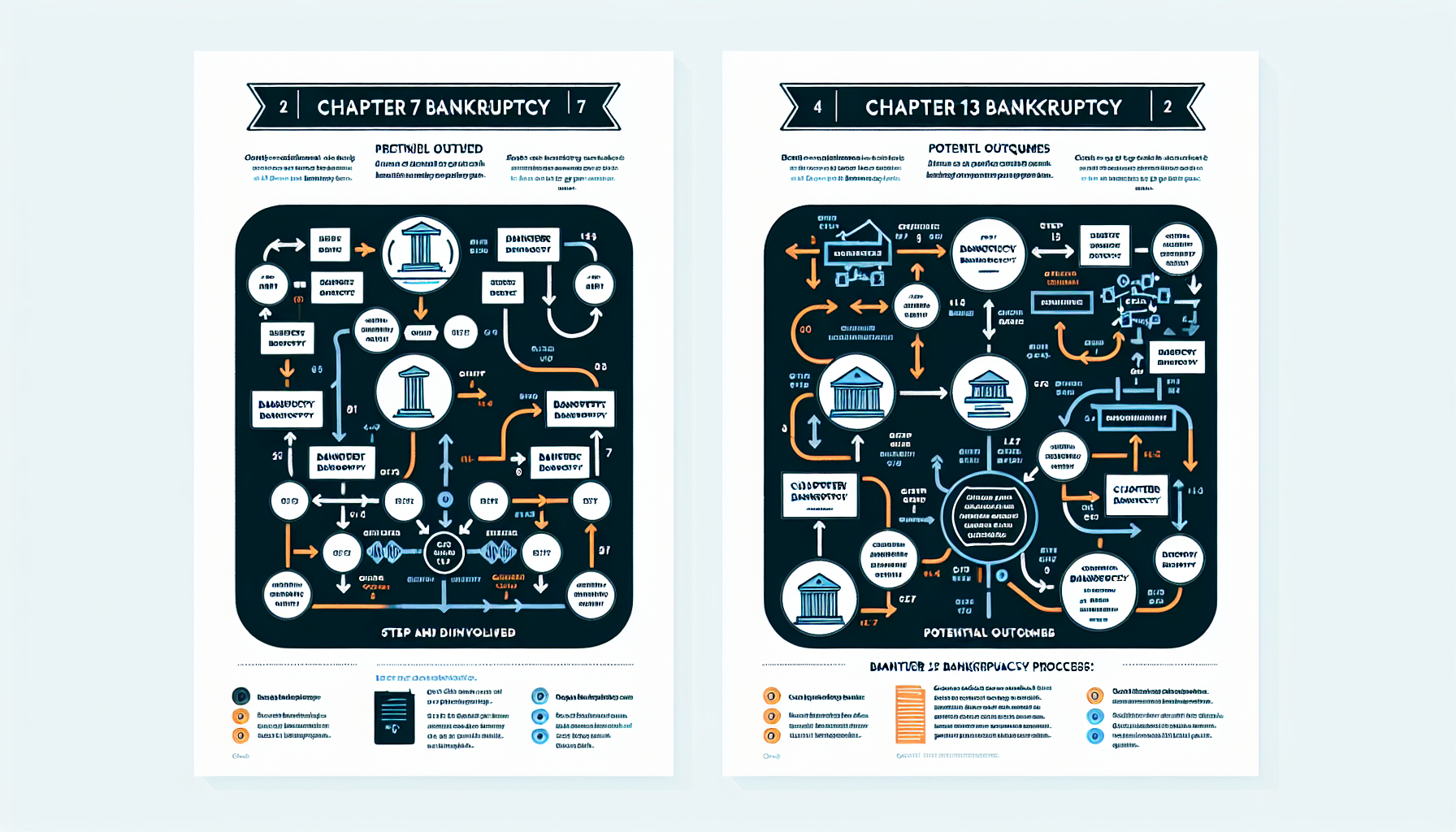 Two informational charts explain the differences between Chapter 7 and Chapter 13 bankruptcy processes, including potential outcomes, steps involved, and associated icons. Additionally, they highlight how consumer rights are protected during interactions with Debt Collection Agencies.