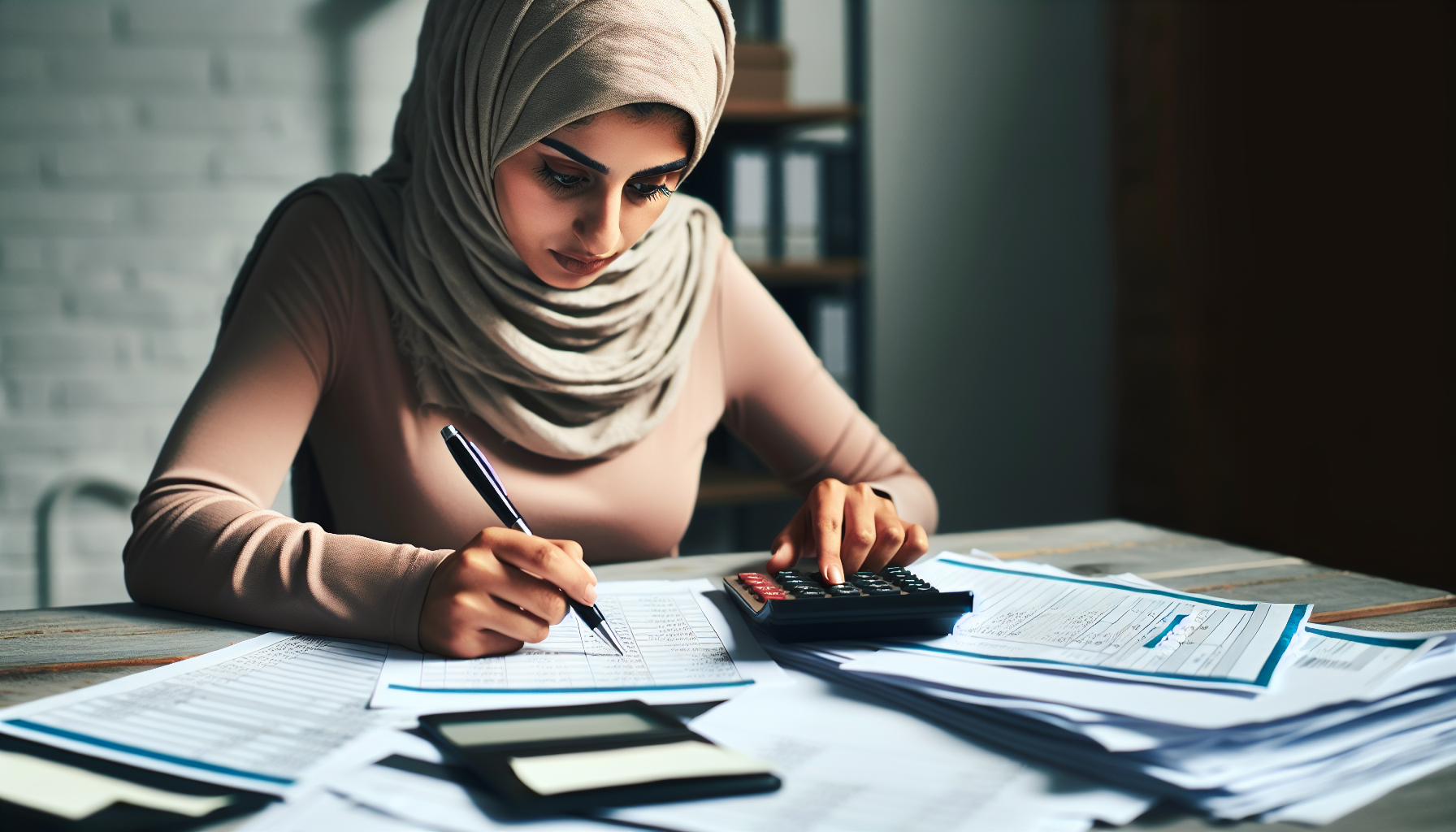 Una mujer que lleva un hijab está sentada en un escritorio lleno de documentos, escribiendo con un bolígrafo en una mano y usando una calculadora con la otra.