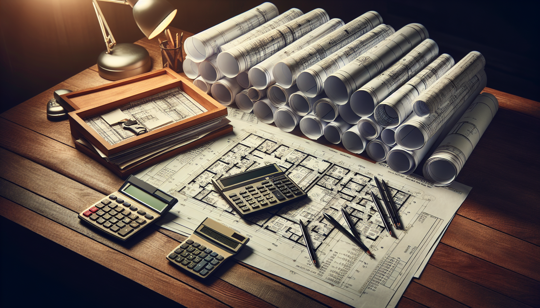 A cluttered desk with architectural blueprints, rolled plans, calculators, pens, and a desk lamp highlights the need for a New York real estate attorney consultation to streamline your project.