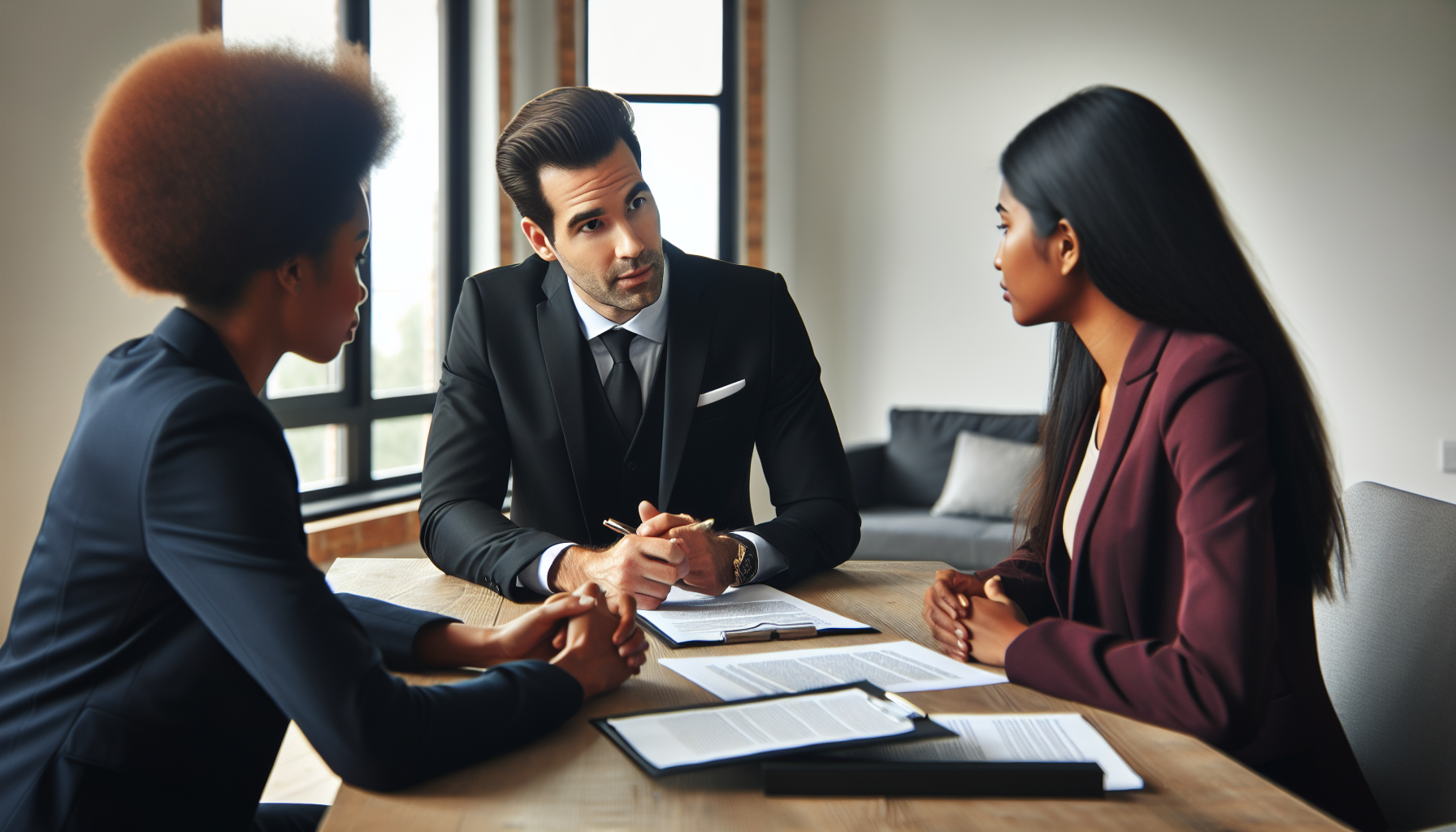 Three professionals in formal attire are sitting at a table in a modern office, engaged in a serious discussion about NYC real estate taxes, with documents and notebooks spread out in front of them.