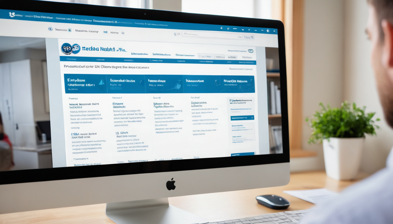 A person views an online medical professional's directory on an iMac computer screen in a well-lit office with a plant and papers nearby, reminiscent of a financial services setting.