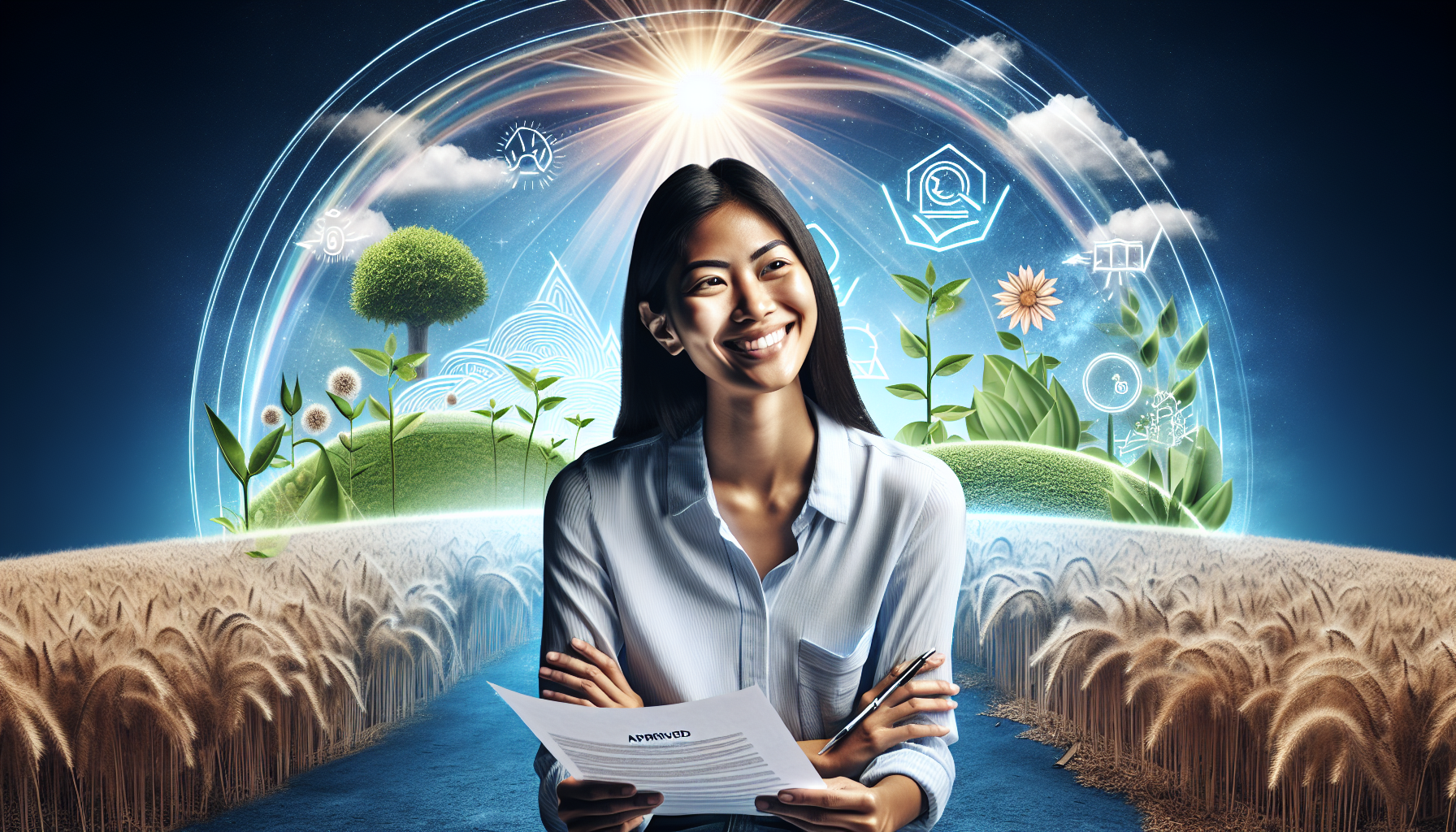 A woman holds a document titled "Summary" in a field with agricultural plants and digital futuristic icons surrounding her, symbolizing the integration of technology and farming. The document also outlines Legal Rights Against Debt Collectors, highlighting the importance of financial awareness in rural communities.