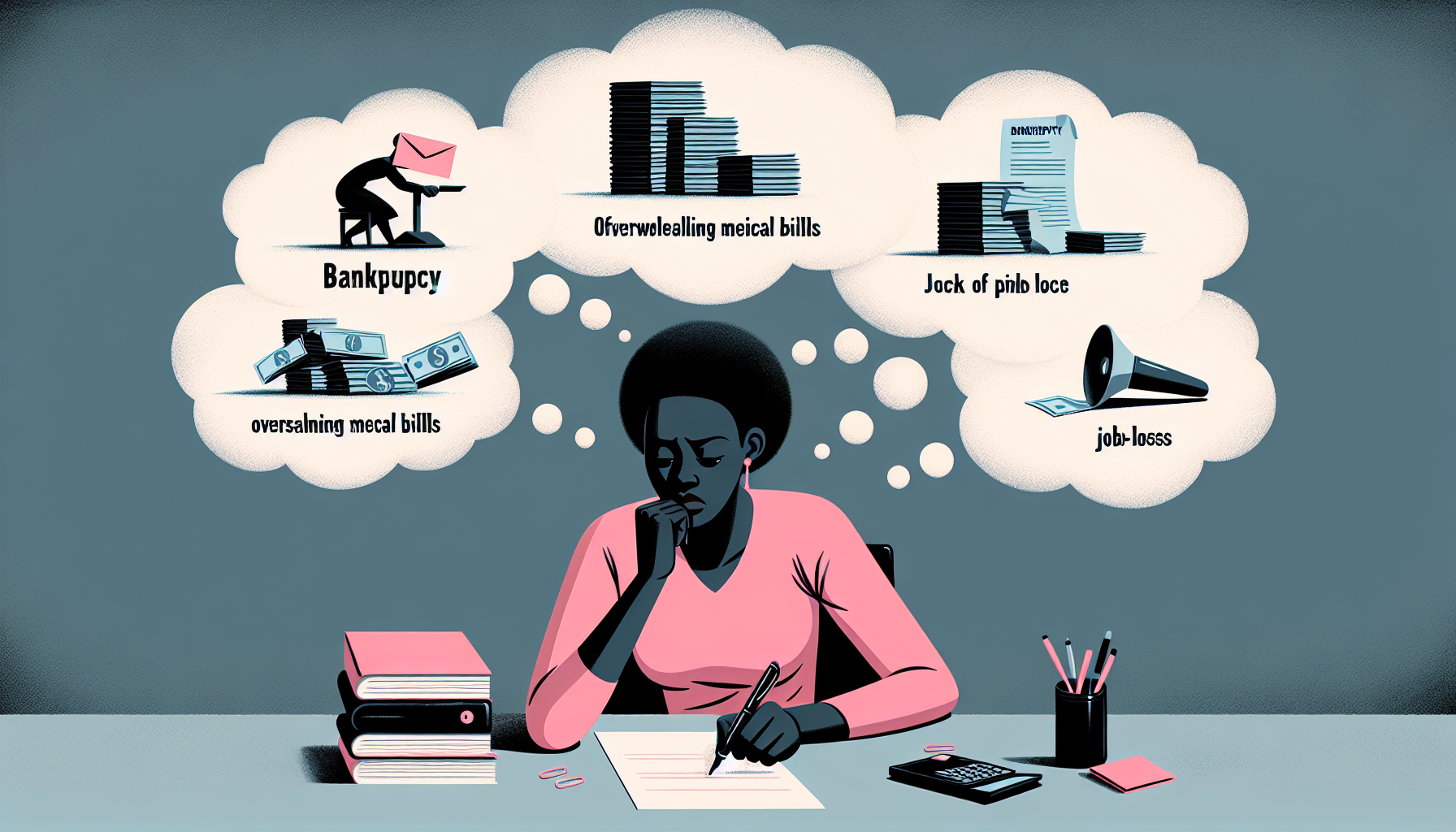 A person sits at a desk and writes on paper, surrounded by thought clouds labeled "Bankruptcy," "Overwhelming medical bills," "Job loss," and "Overspending medical bills," which represent financial concerns, while contemplating mortgage after bankruptcy options.