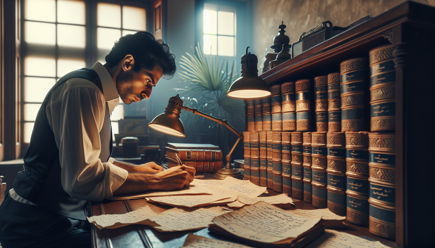 A man in a white shirt and vest writes at a wooden desk filled with papers and books, illuminated by a desk lamp in a dimly lit room. It appears he might be working on credit management strategies for Central Portfolio Control.
