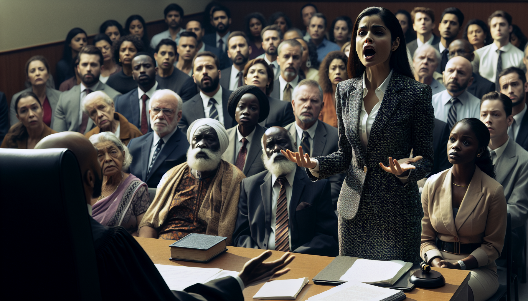 A New York real estate lawyer offering free consultations passionately addresses the judge in a courtroom, with a diverse group of spectators and witnesses seated in the background.