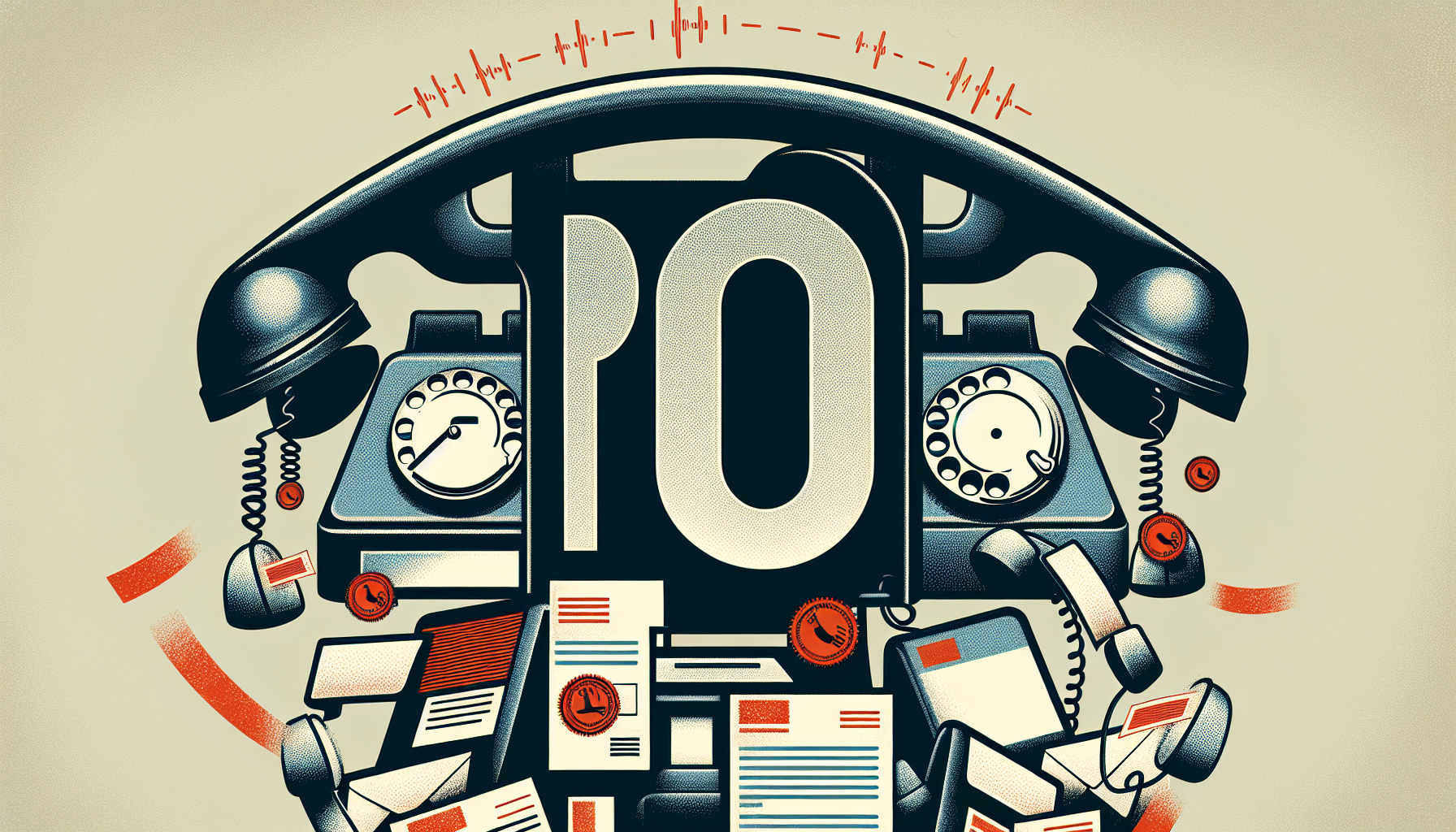 Ilustración de teléfonos retro y documentos que rodean el número 10, que simboliza la comunicación y la burocracia, sobre un fondo beige con acentos rojos.