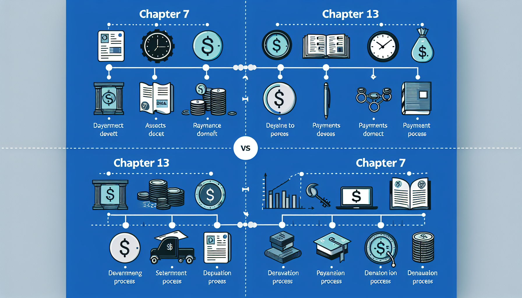 Un cuadro comparativo que describe los procesos de bancarrota del Capítulo 7 y del Capítulo 13, destacando los procedimientos de pago, liquidación de activos y pago de deuda en cada capítulo.