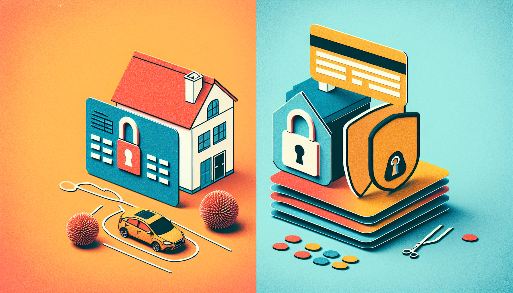 Ilustración que representa conceptos de seguridad relacionados con el hogar y la protección digital, con una casa, un automóvil, cerraduras, escudos y varios íconos de seguridad sobre un fondo naranja y azul.
