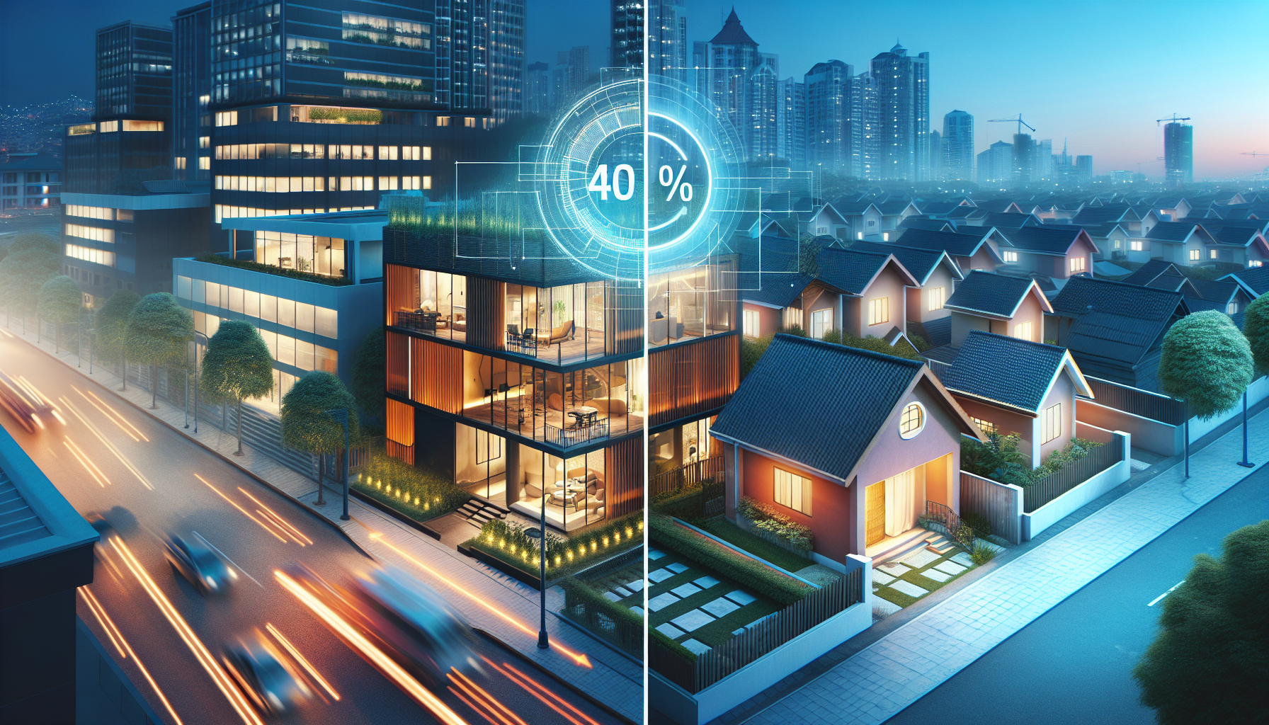 Split scene of urban city life at night and a suburban neighborhood by day, with a 40% progress indicator hovering over the transition line, echoing the contrasts found in NYC property assessments.