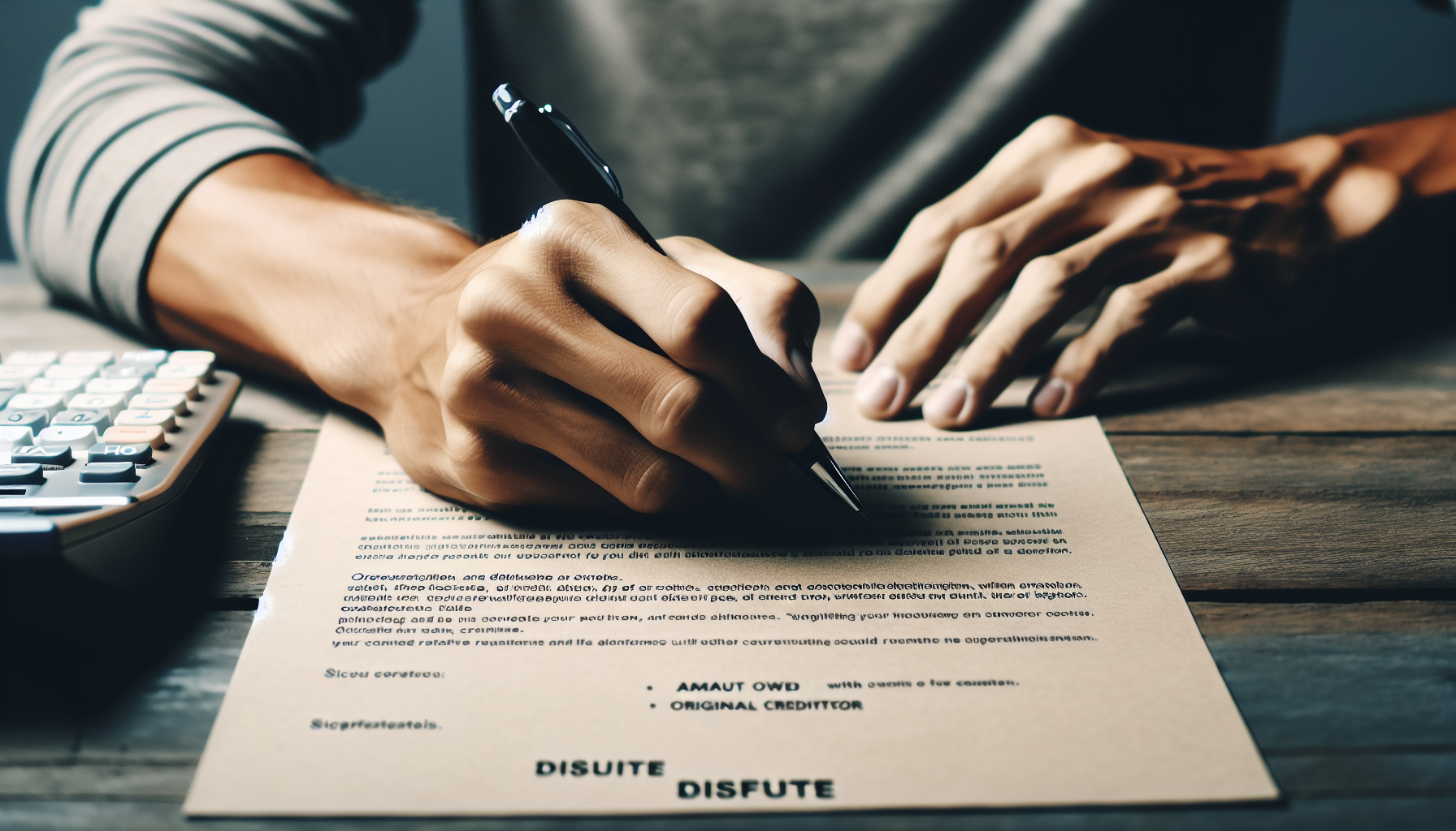 A person is signing a document on a wooden table next to a calculator, with a focus on their hand holding a pen, likely related to student loan recovery.
