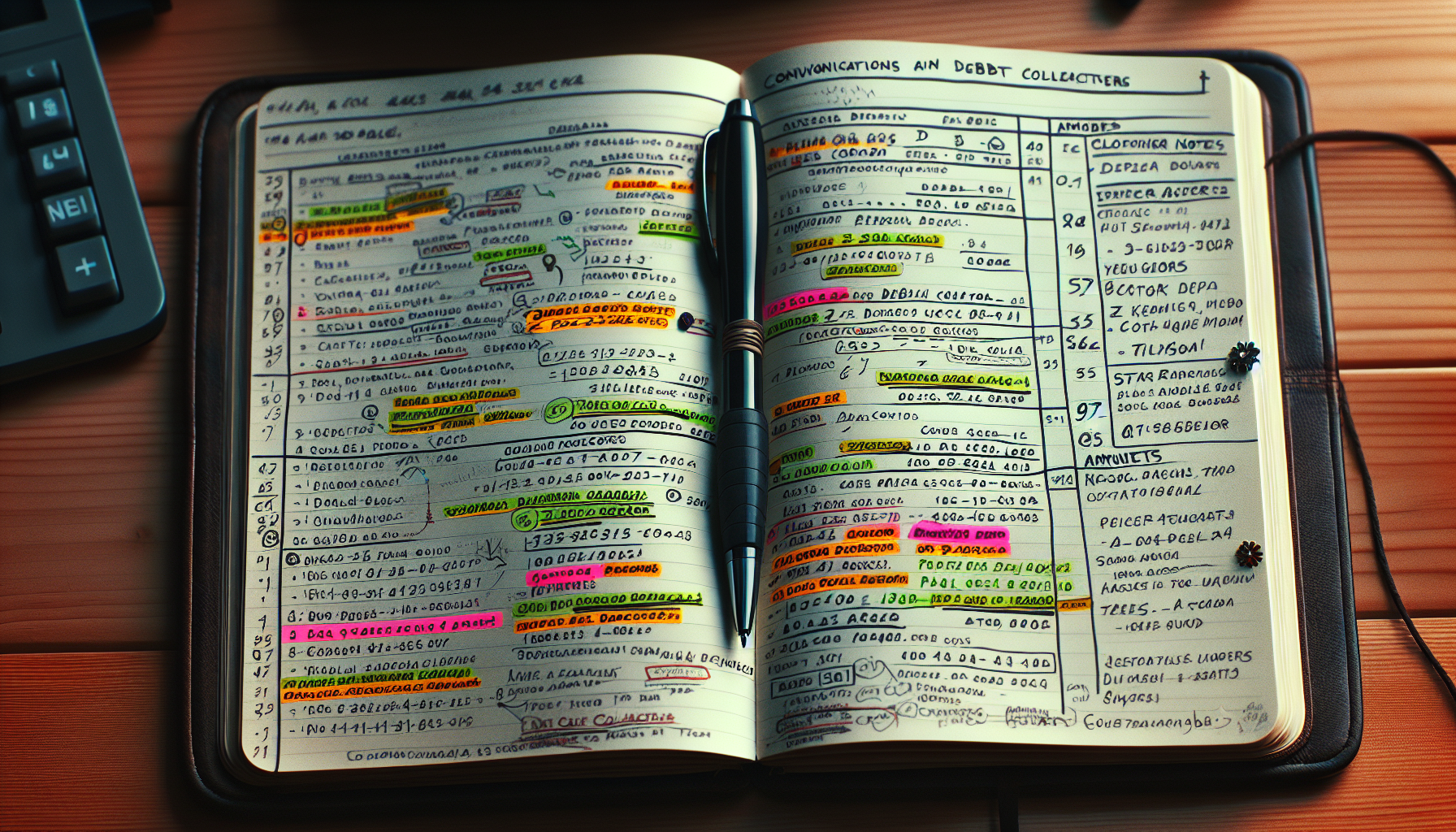 An open planner filled with handwritten notes, dates, appointments, and highlighted sections in various colors. The pages are densely packed with information, including crucial details on credit management and debt recovery strategies.