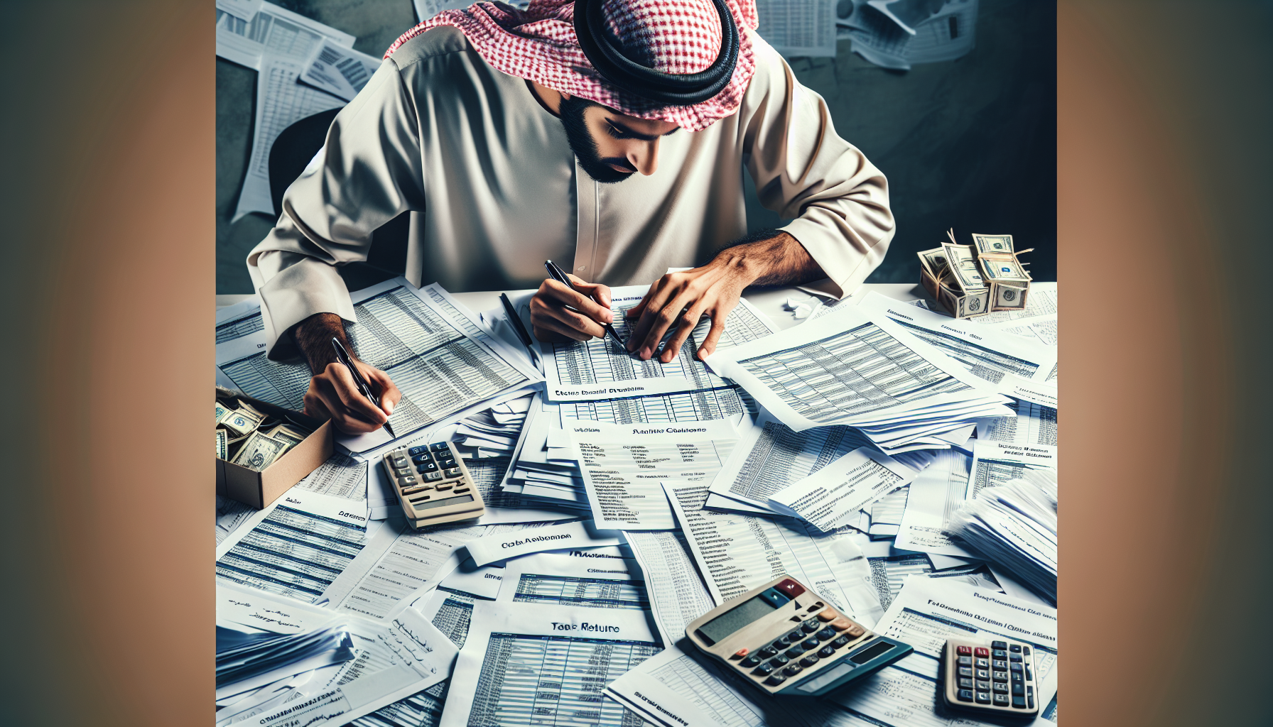 Una persona con un atuendo tradicional de Oriente Medio está rodeada de documentos fiscales y calculadoras, ocupada rellenando formularios. Montones de billetes y papeles cubren un escritorio desordenado.