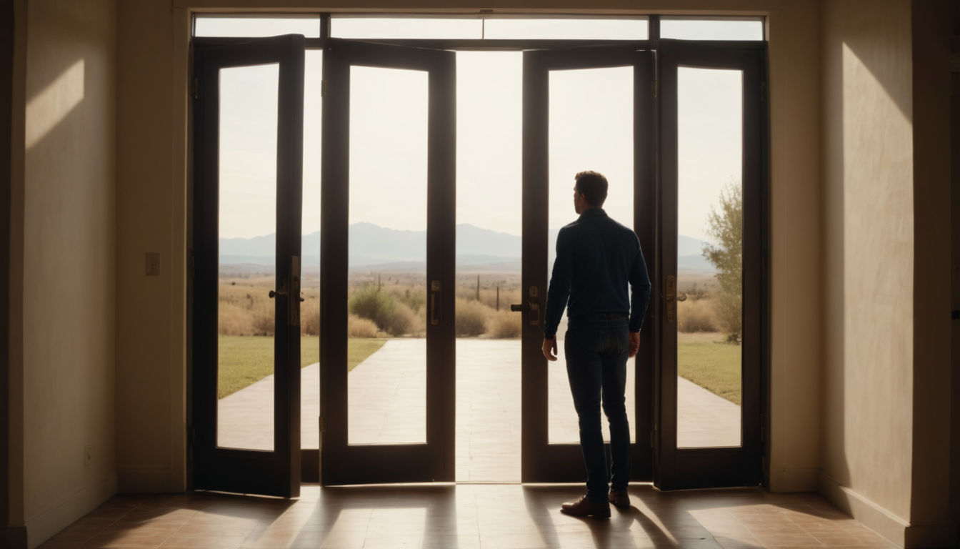 A man stands in silhouette facing glass doors, looking out at a sunlit landscape, framed by questions a trustee asks at a 341 meeting.