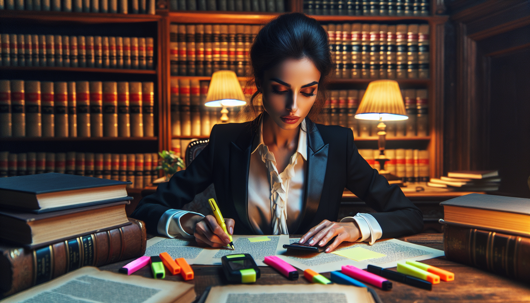 A woman in professional attire is seated at a desk in a library, surrounded by open books and highlighters, working under warm lamp light. Nearby, a brochure titled "Free legal consultation real estate" suggests she offers New York real estate attorney services.