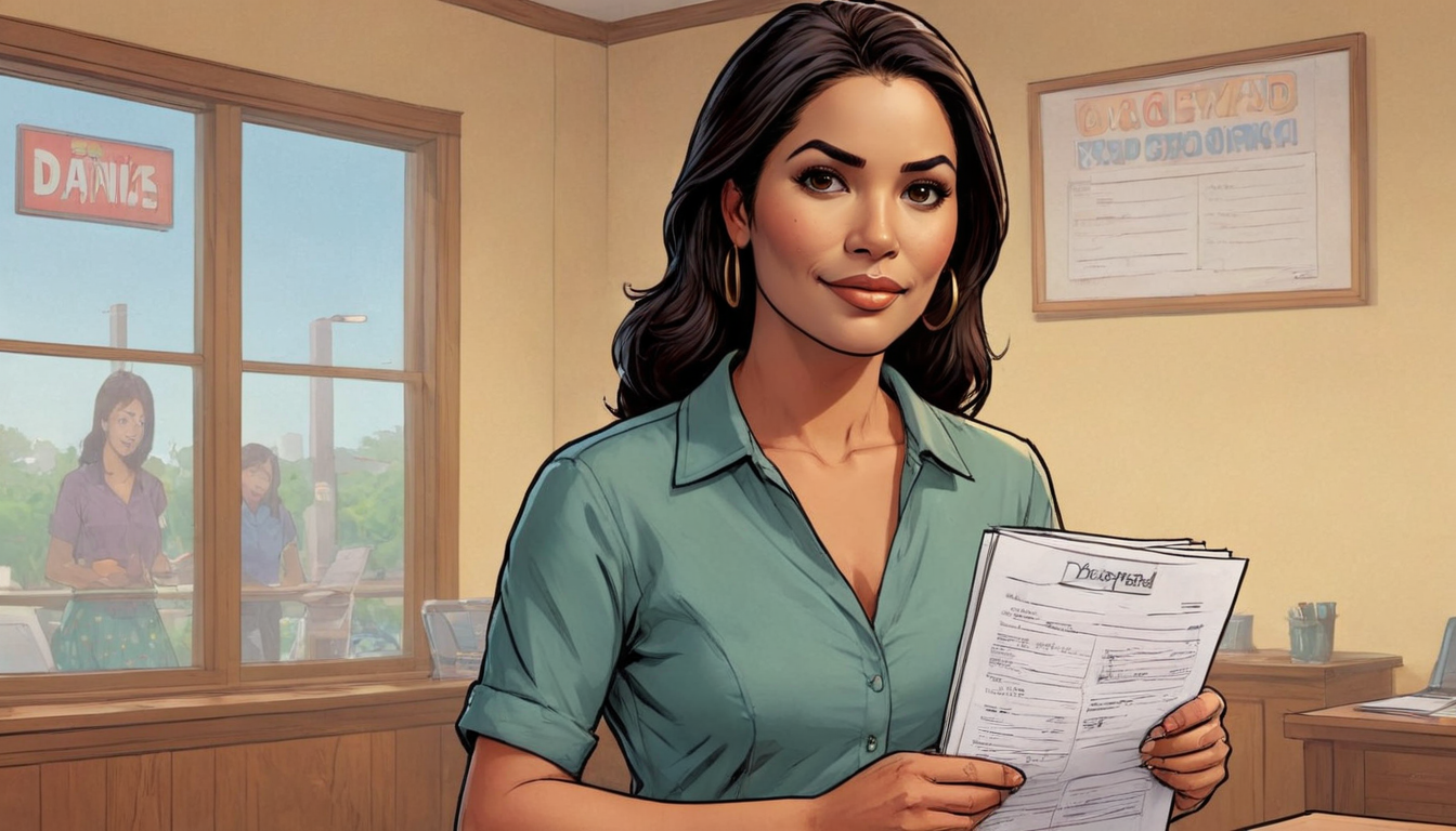 A woman in a green blouse holds a document in an office, possibly about protecting spouse credit. Two individuals are visible outside the window, engaged in a conversation.