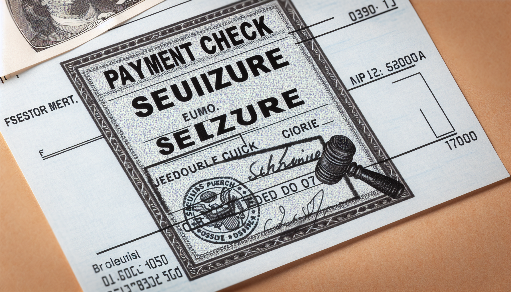 Primer plano de un cheque de pago ficticio etiquetado "SEUIIZURE EUMO. SELZURE" con la imagen de un mazo de juez y un texto detallado en el fondo.