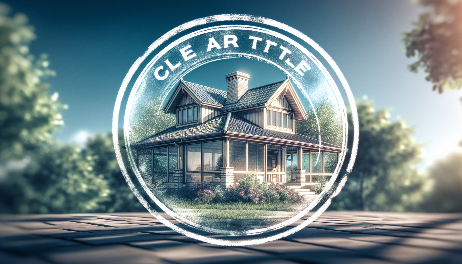A house within a circular stamp showing illegible text that seems to read "clear title," with a blurred outdoor background. Consider consulting a property transaction lawyer for real estate legal advice NYC to ensure your property's clear title status.