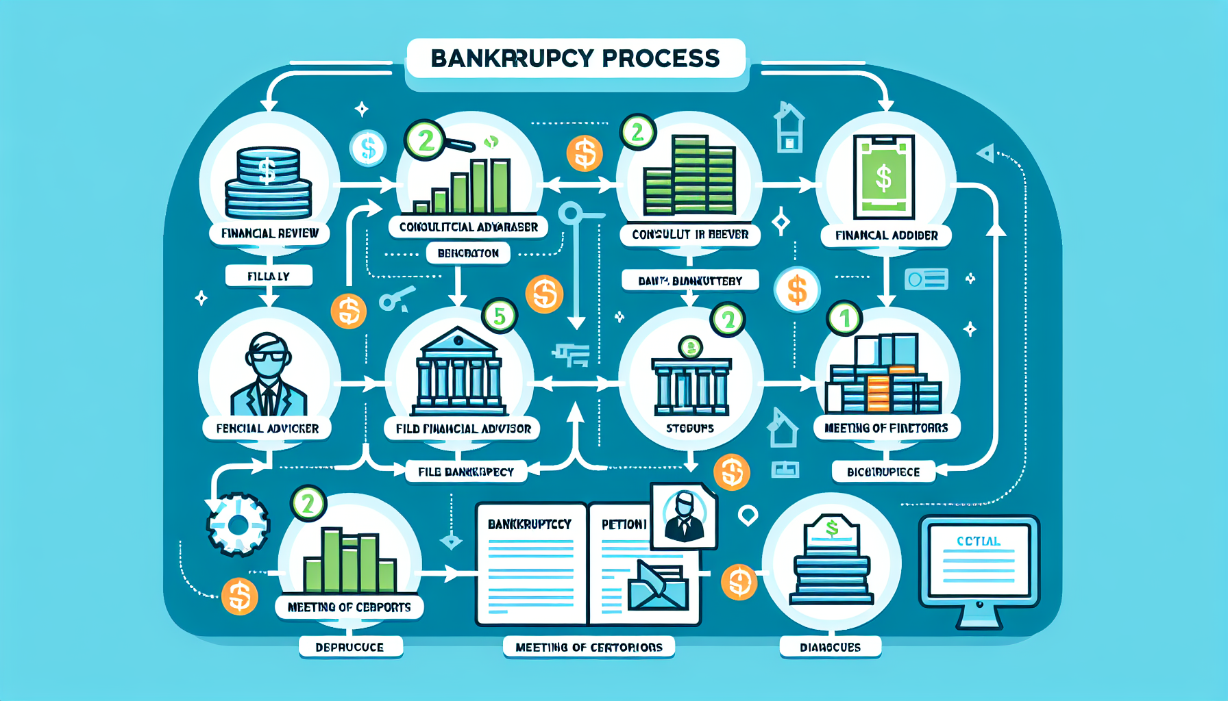 Diagrama de flujo que ilustra el proceso de quiebra, que comienza con la revisión financiera y termina con la liquidación. Los pasos incluyen la consulta, la presentación, los procedimientos judiciales, las reuniones con los acreedores y las auditorías financieras.
