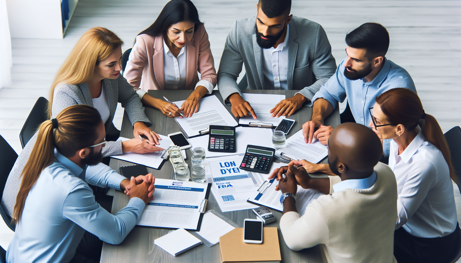 A group of seven business professionals are gathered around a table covered with documents, calculators, and smartphones, engaged in discussion about home loan approvals post-bankruptcy in a modern, well-lit office setting.