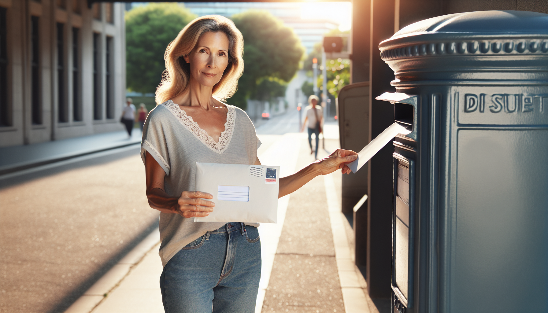 A woman wearing a casual outfit stands outdoors, holding a large envelope and inserting a letter into a blue mailbox, perhaps responding to concerns after reading United Collection Bureau reviews.