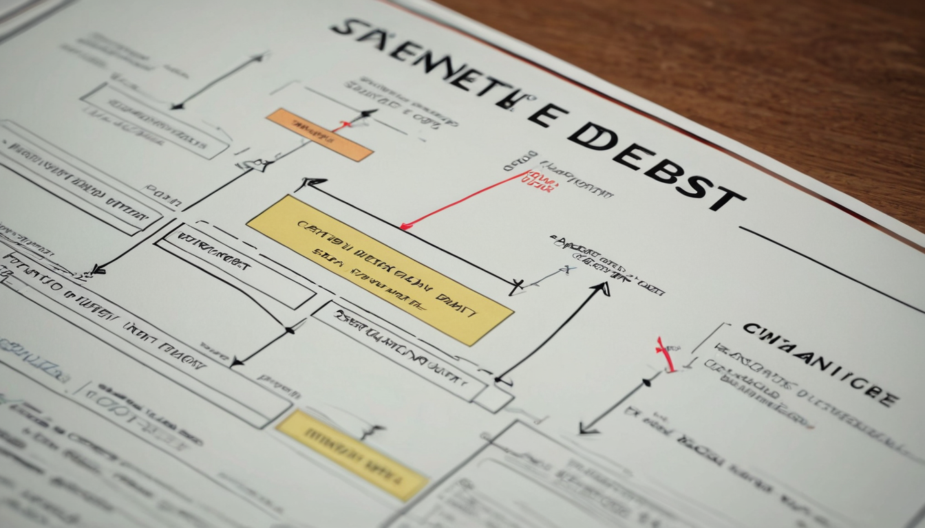 A close-up of a flowchart on a wooden surface, with the title "SAVENETE DEBST" and various connected boxes and arrows, some highlighted in yellow and red, illustrating strategies for managing credit card debt.